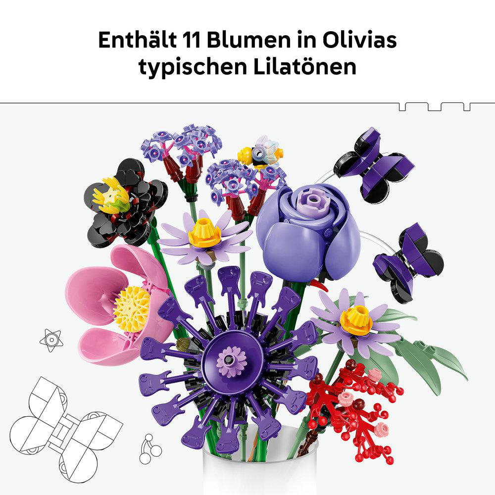 Ein bunter Strauß aus LEGO-Blumen mit Rosen, Astern und Schmetterlingen auf weißem Hintergrund.