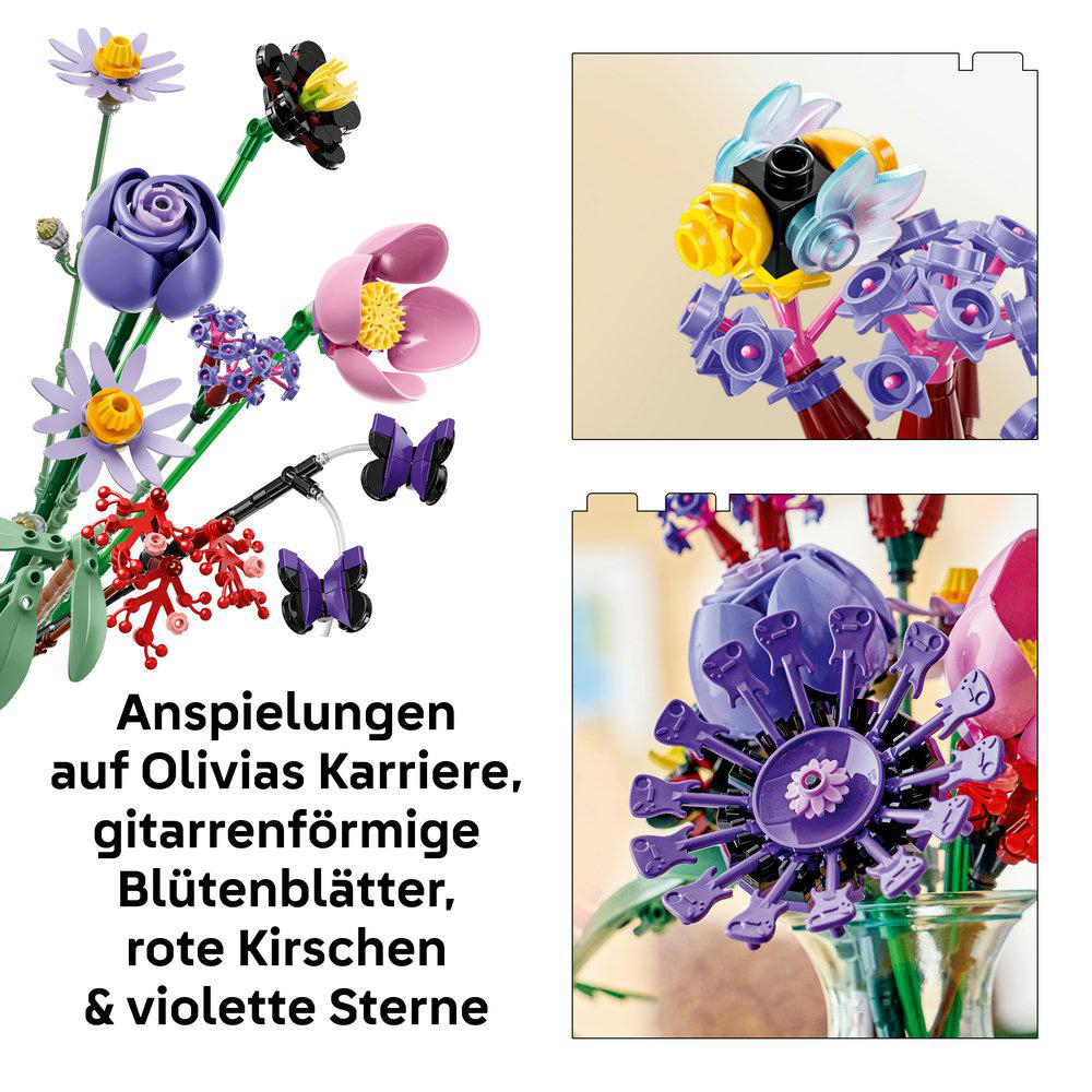 Lego-Blumenstrauß mit Gitarrenblüten, roten Kirschen und violetten Sternen sowie Text auf Deutsch.
