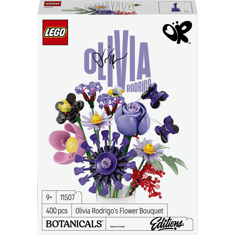 LEGO Botanicals Setverpackung für Olivia Rodrigos Blumenstrauß mit violettem und gelbem Blumengestänge.