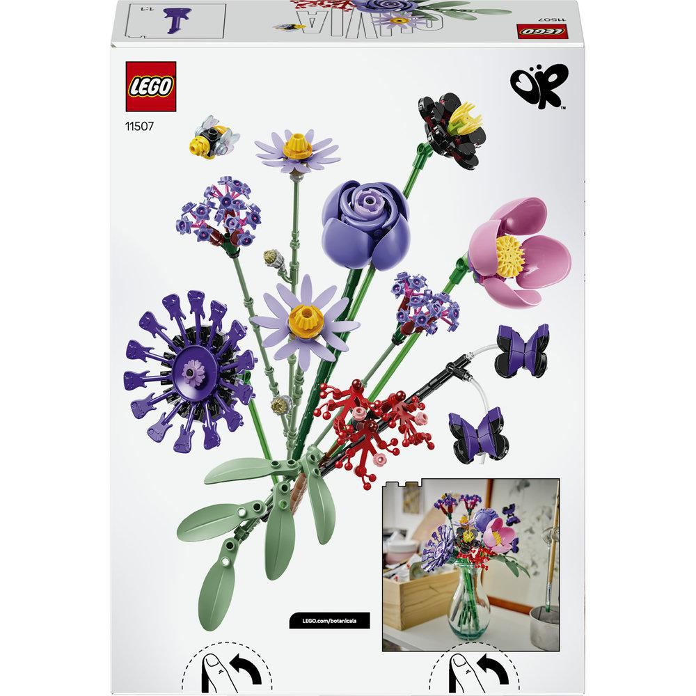 Lego-Botanicals-Set mit bunten Blumen, Rosen und Schmetterlingen auf weißem Hintergrund.