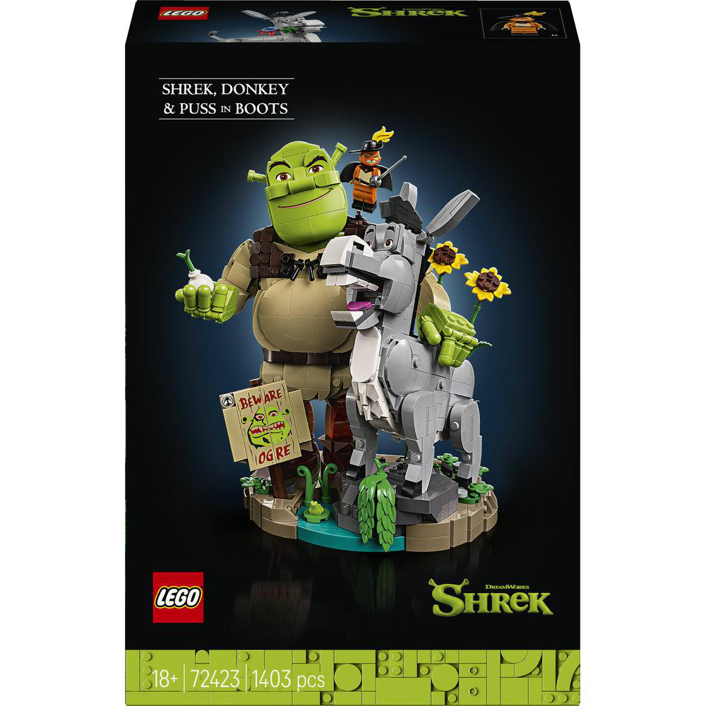 Lego-Set von Shrek, Esel und dem gestiefelten Kater auf einer steinernen Basis mit Schild.