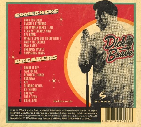 Albumcover mit Tracklist links und Sänger Dick Brave mit Mikrofon rechts auf rotem Hintergrund.