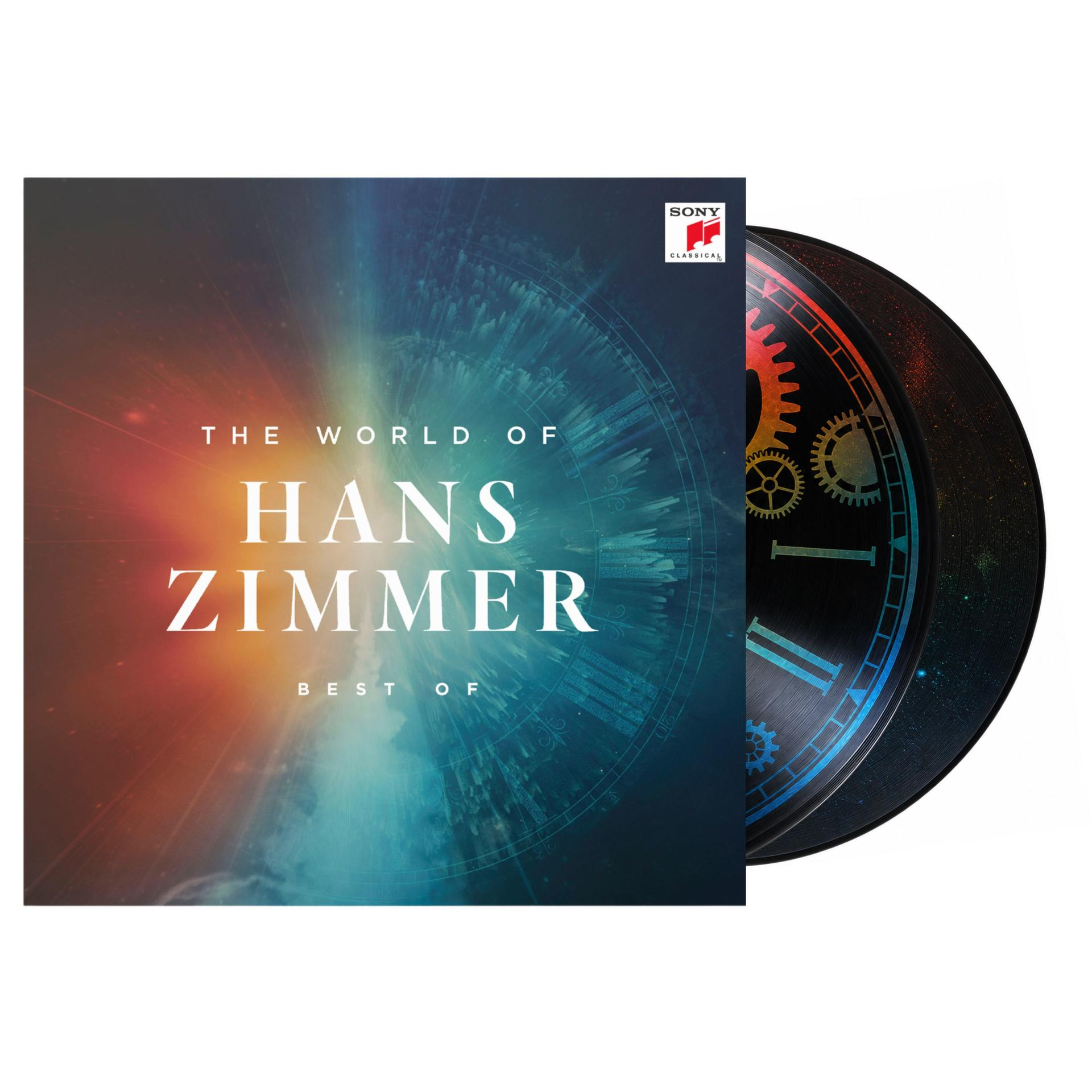 Vinyl-Schallplatte und Cover von The World of Hans Zimmer, mit blau-orangefarbenem Design und Uhrwerk-Motiv.