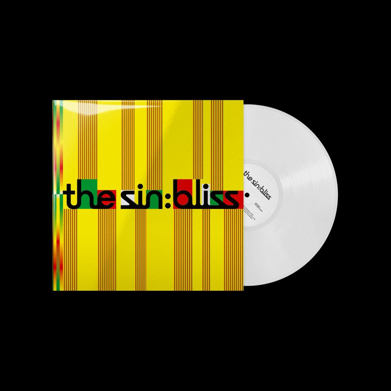 Gelbe Schallplattenhülle mit roten Streifen und Text, daneben eine weiße Vinylplatte auf schwarzem Hintergrund.