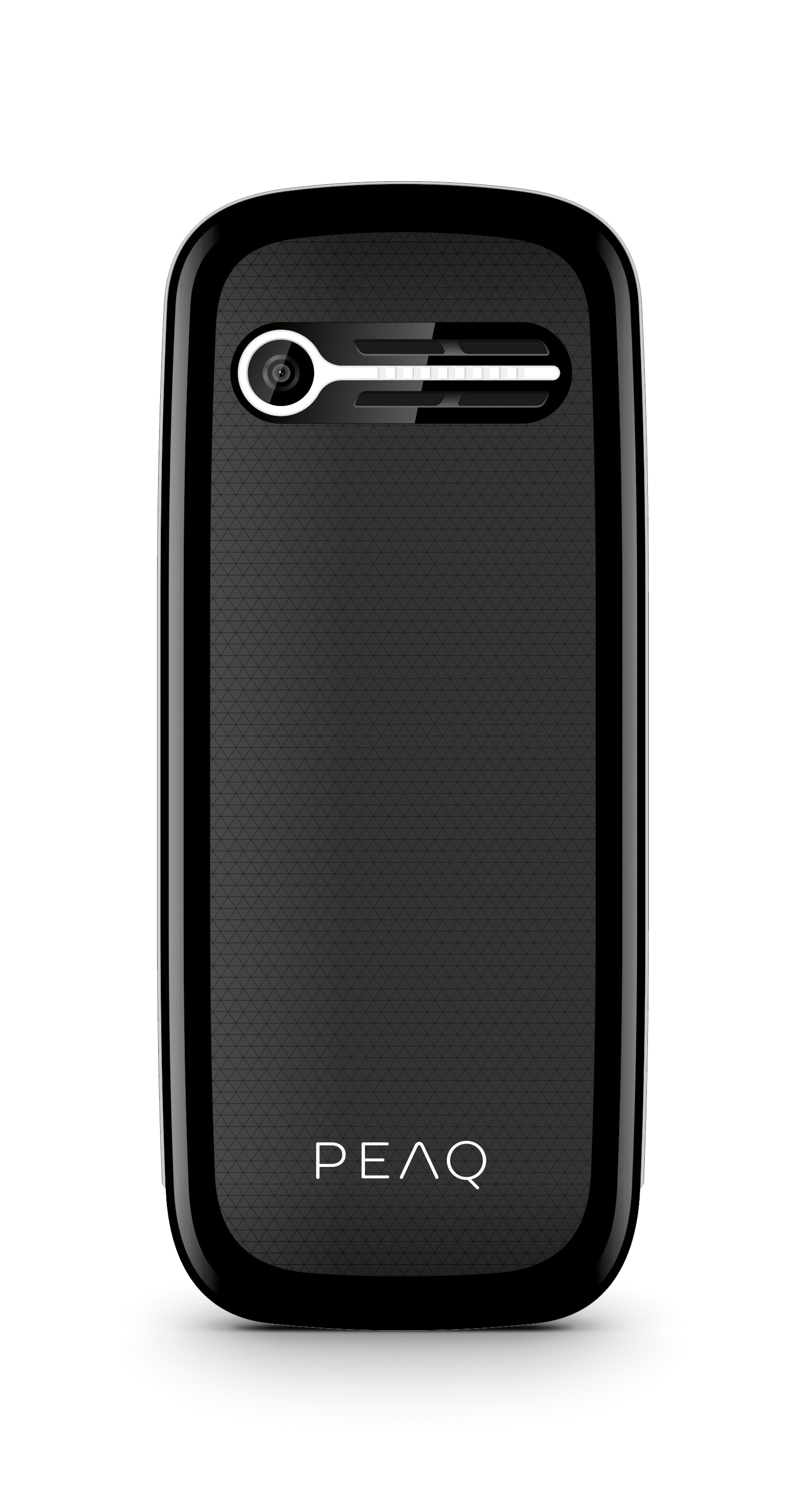 Ein schwarzes Mobiltelefon mit Kameramodul oben und dem PEAQ-Logo unten vor schwarzem Hintergrund.