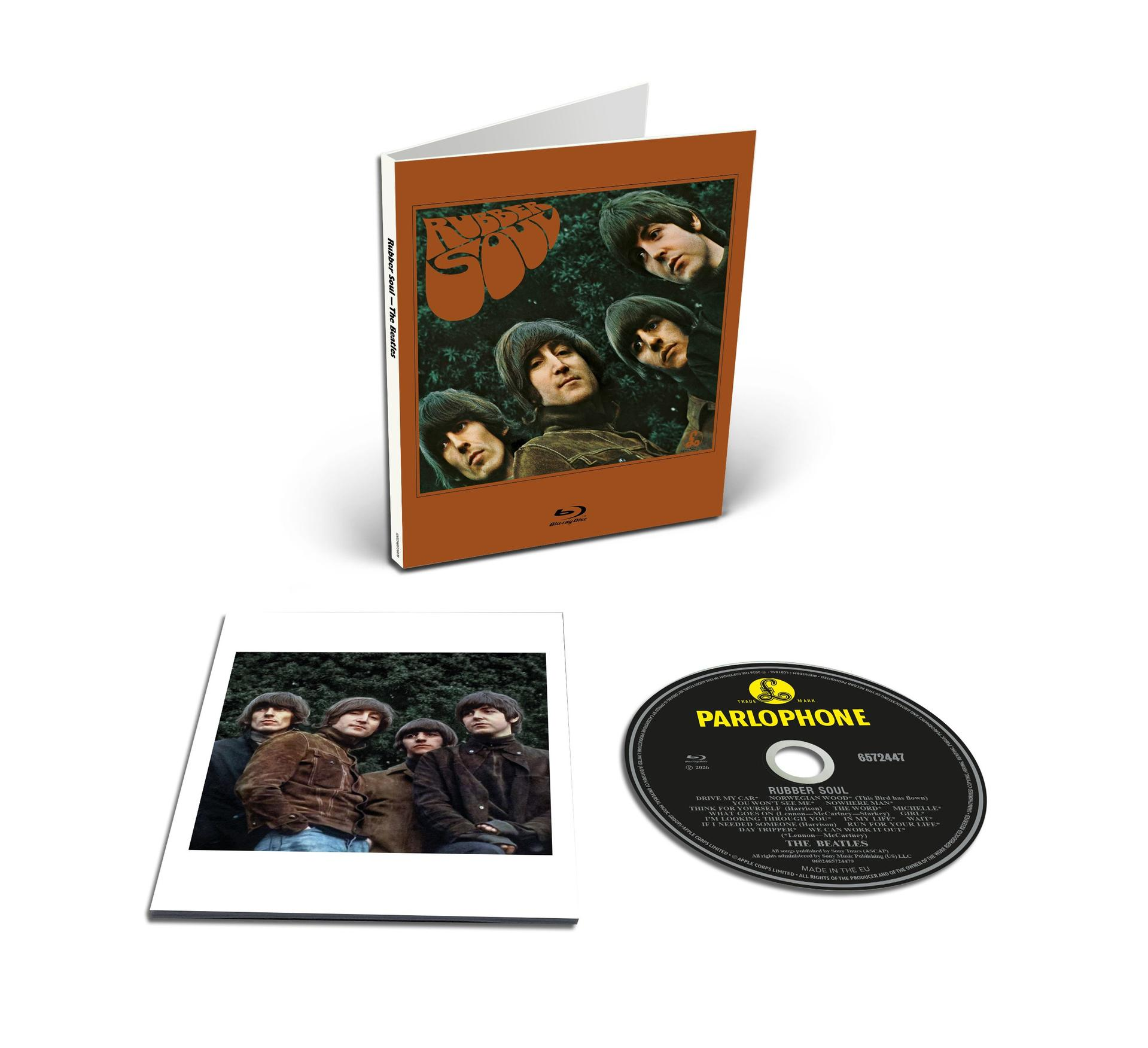 Rubber Soul Blu-ray-Hülle mit Cover, Booklet und CD mit Parlophone-Logo auf weißem Hintergrund.