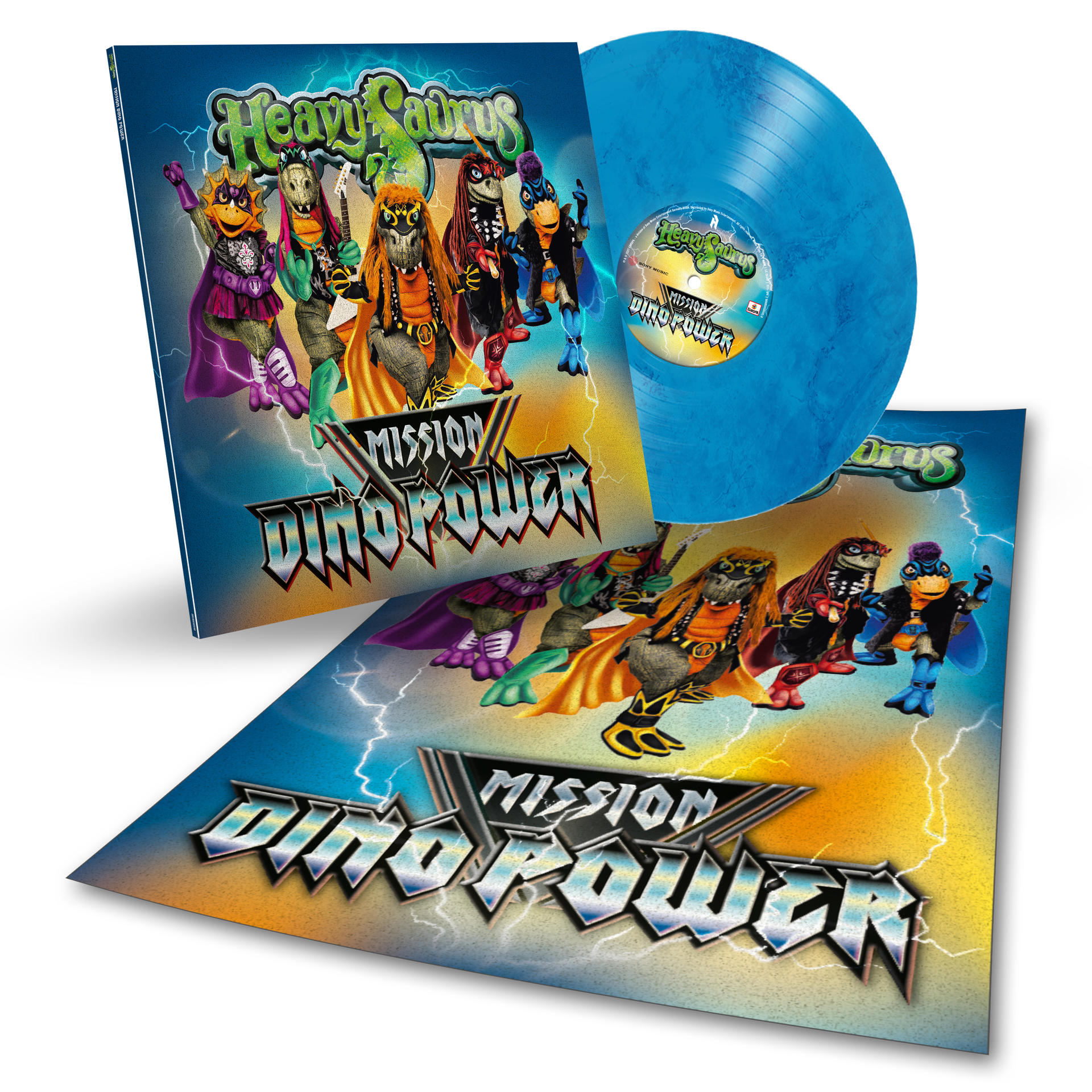 Heavysaurus Album Mission Dino Power mit blauer Vinylplatte und Postermotiv.