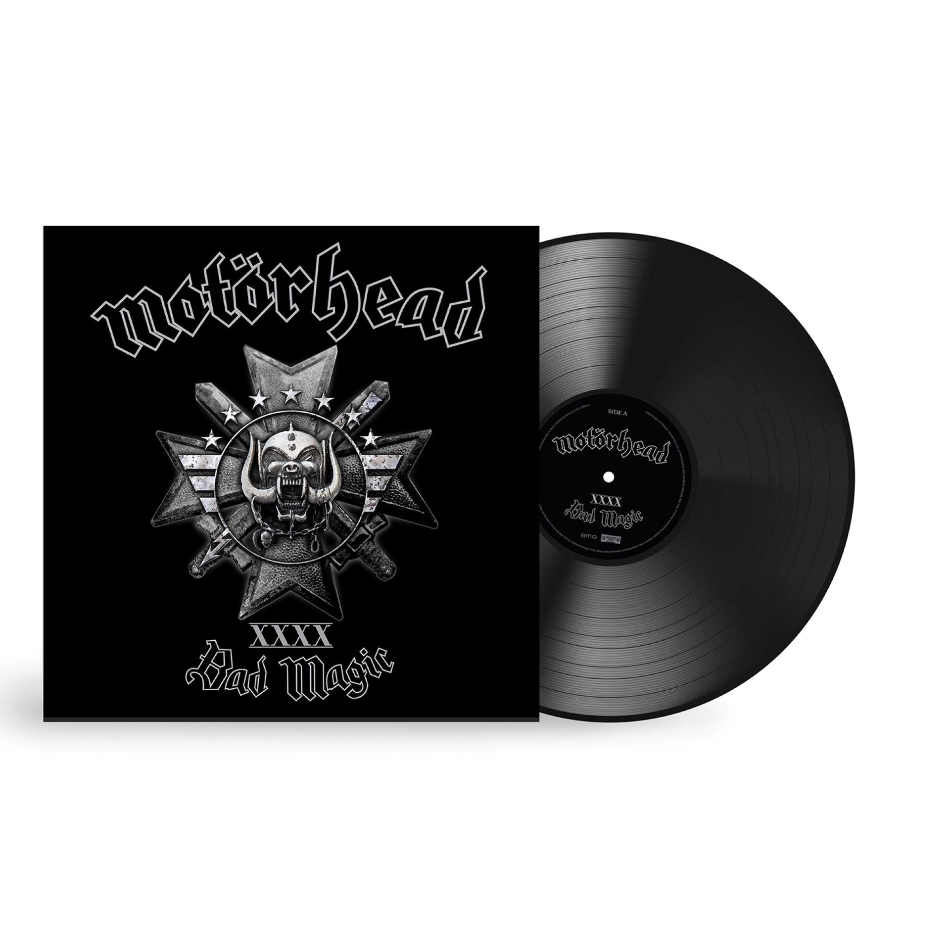 Motorhead Bad Magic Vinyl-Schallplatte mit Cover, das eine Totenkopf-Emblem zeigt.