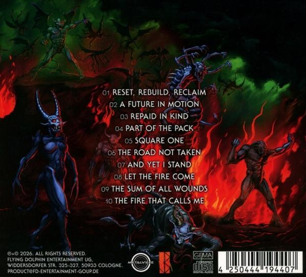 CD-Rückseite mit Dämonenillustrationen, einer Tracklist von 10 Songs und einem Barcode.