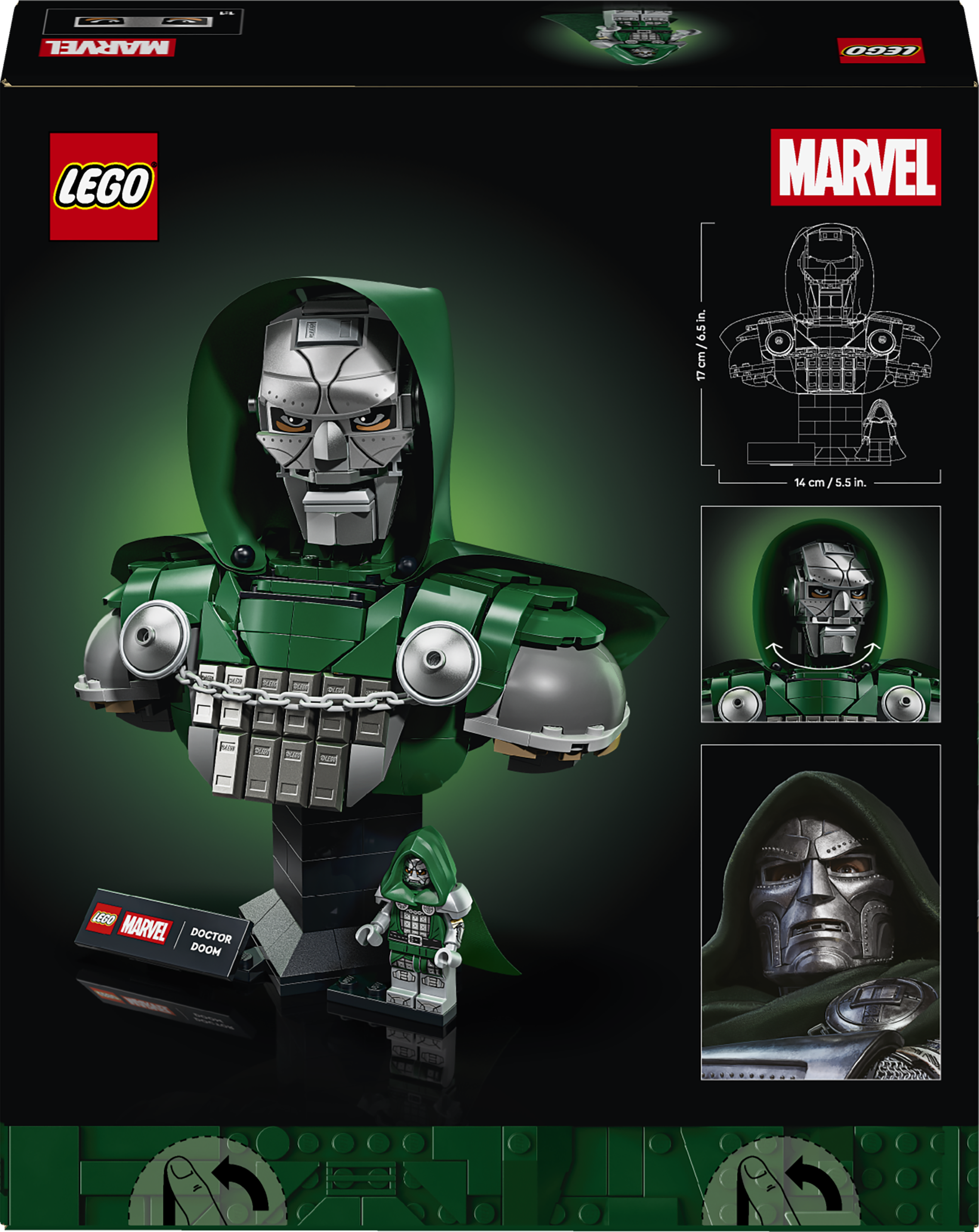 Lego Marvel Doctor Doom Büste mit grünem Umhang und silberner Maske sowie einer kleinen Figur.