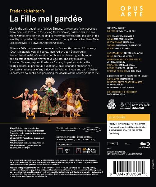 DVD-Hülle des Balletts La Fille mal gardée mit Inhaltsangabe, Credits und tanzenden Tänzern.