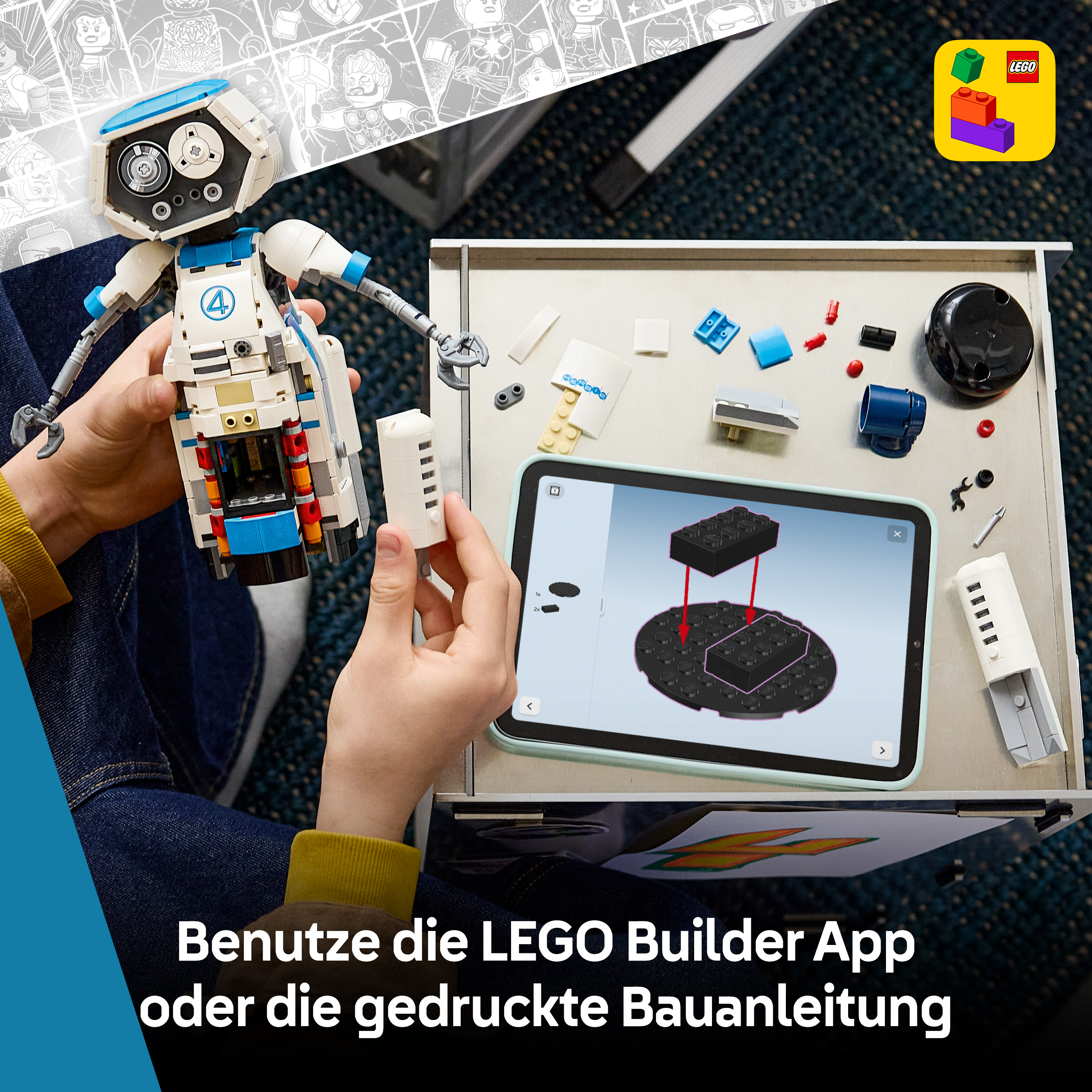 Ein Kind baut eine LEGO-Figur, daneben liegt ein Tablet mit der LEGO Builder App.