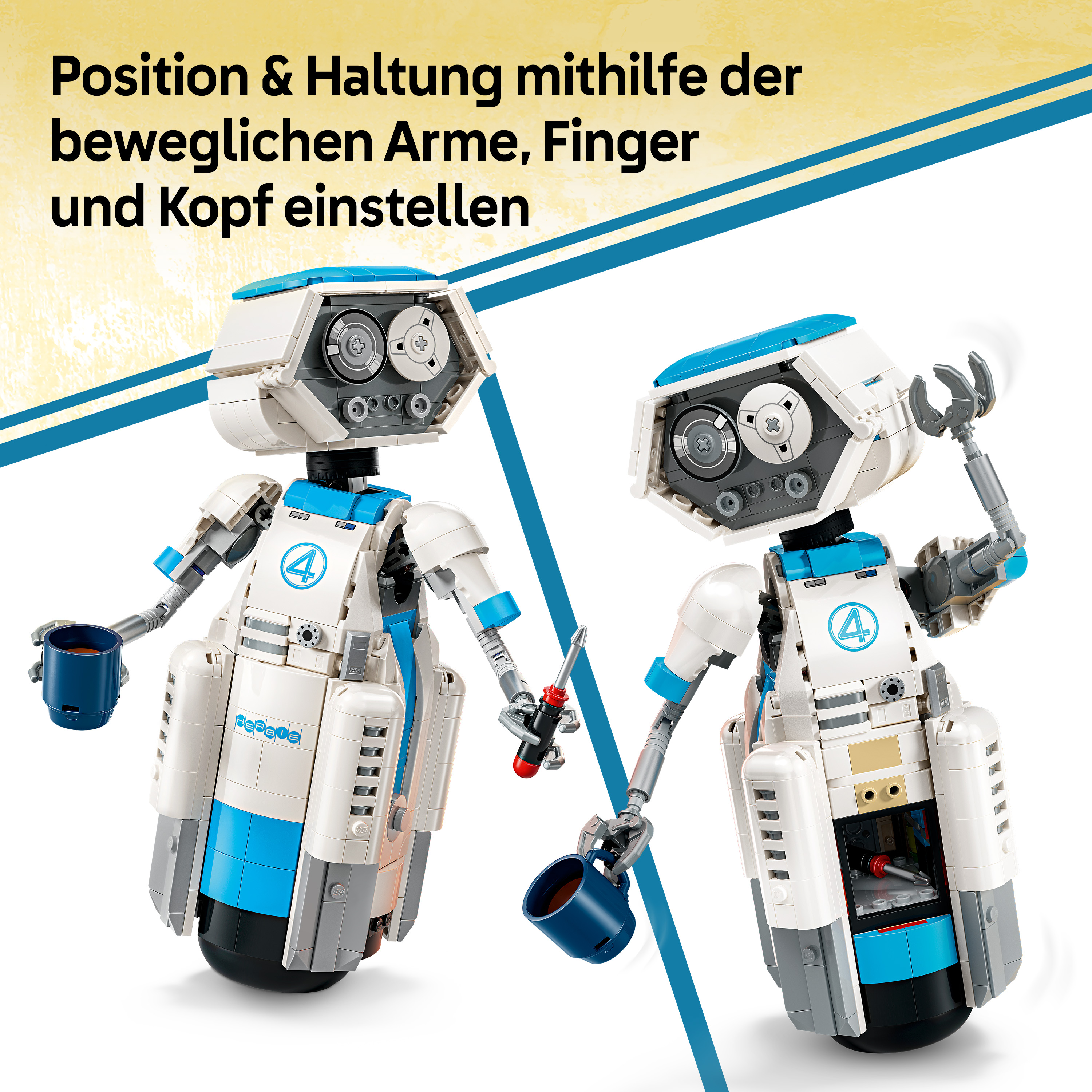 Zwei weiße Roboter mit blauen Akzenten, beweglichen Gliedmaßen und Tassen stehen vor weißem und gelbem Hintergrund.