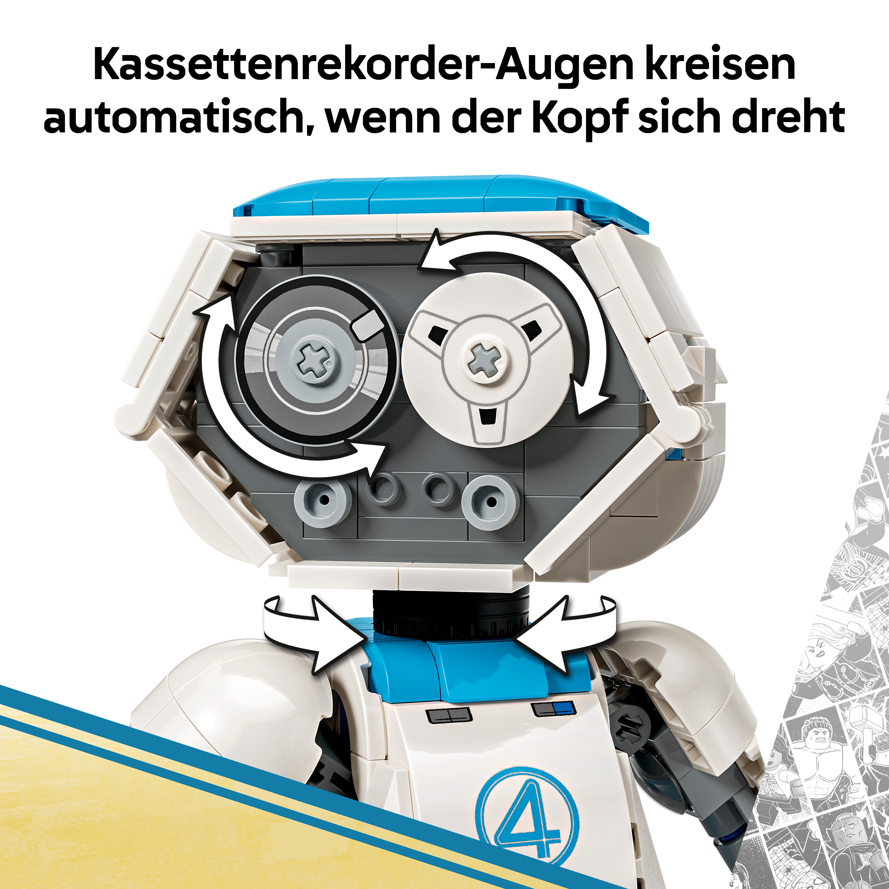 Lego-Roboter mit Kassettenrekorder-Augen, die sich beim Drehen des Kopfes automatisch bewegen.