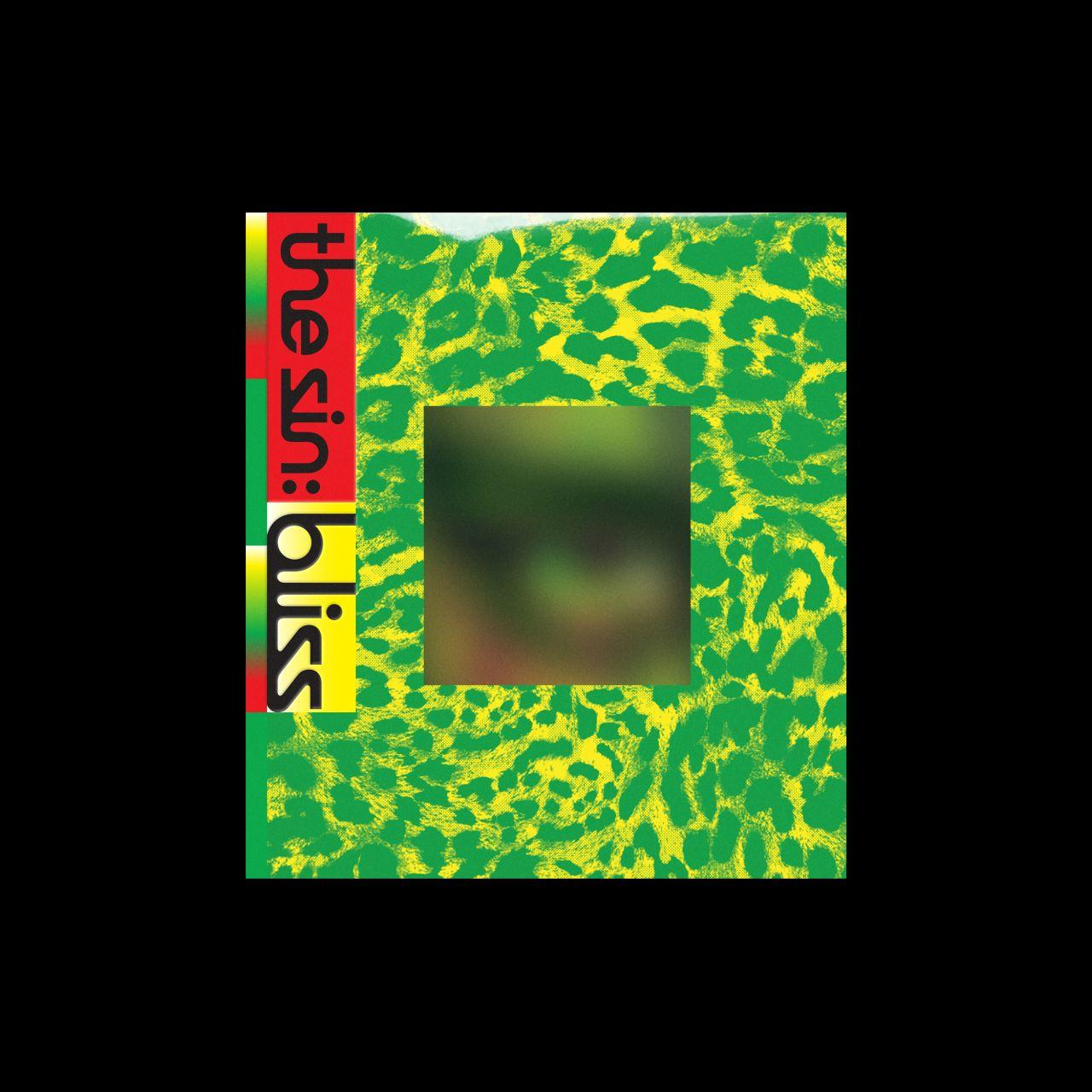 Grün-gelbes Leopardenmuster mit rotem Streifen, Text "the sin: bliss" und einem zentrierten, verschwommenen Quadrat.