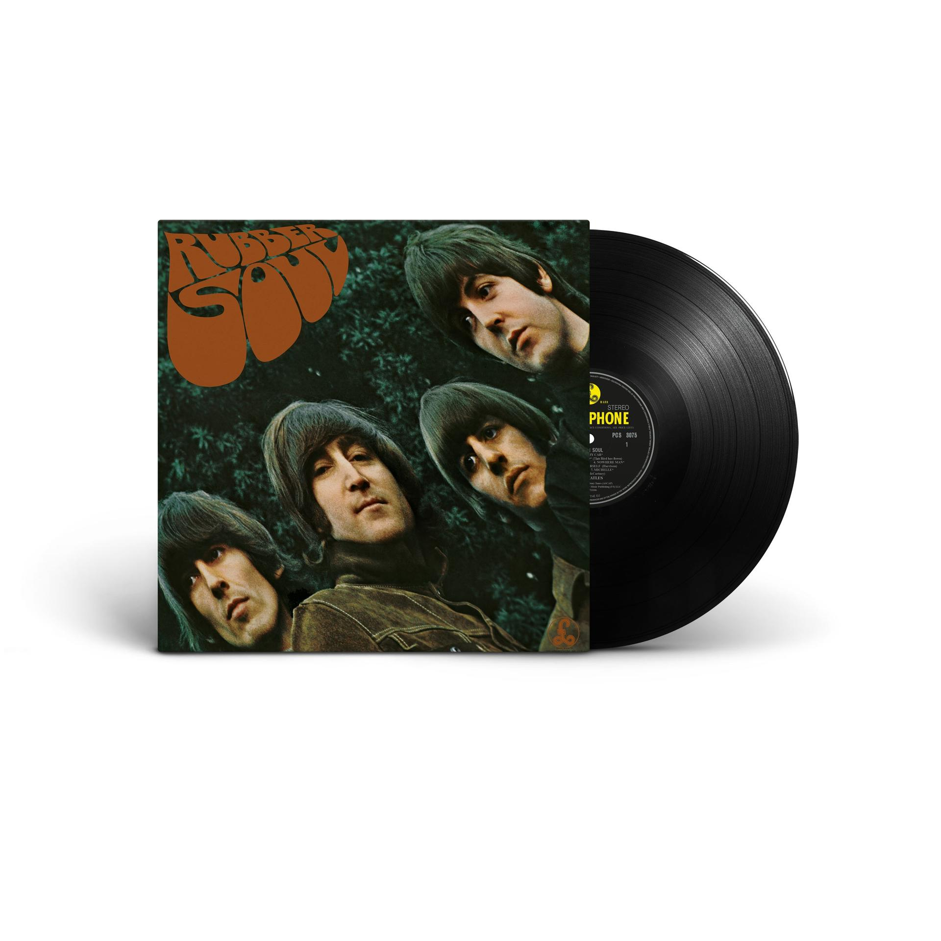 Das Vinyl-Album "Rubber Soul" von den Beatles zeigt die vier Bandmitglieder unter Bäumen, daneben eine Schallplatte.