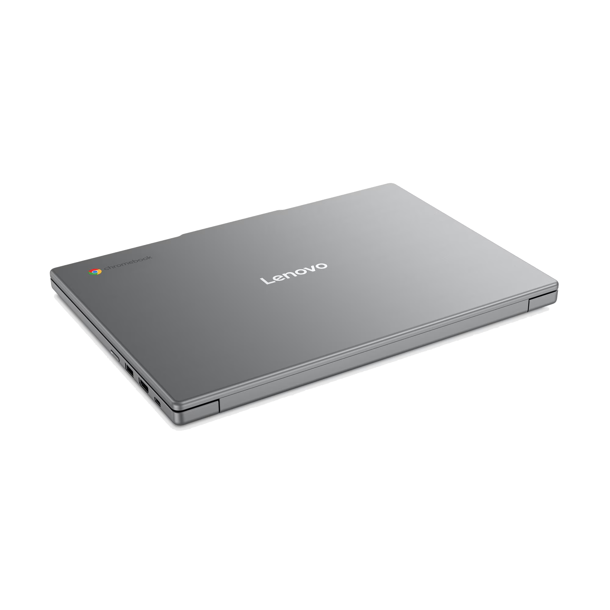 Un ordenador portátil Lenovo Chromebook gris cerrado sobre un fondo negro.
