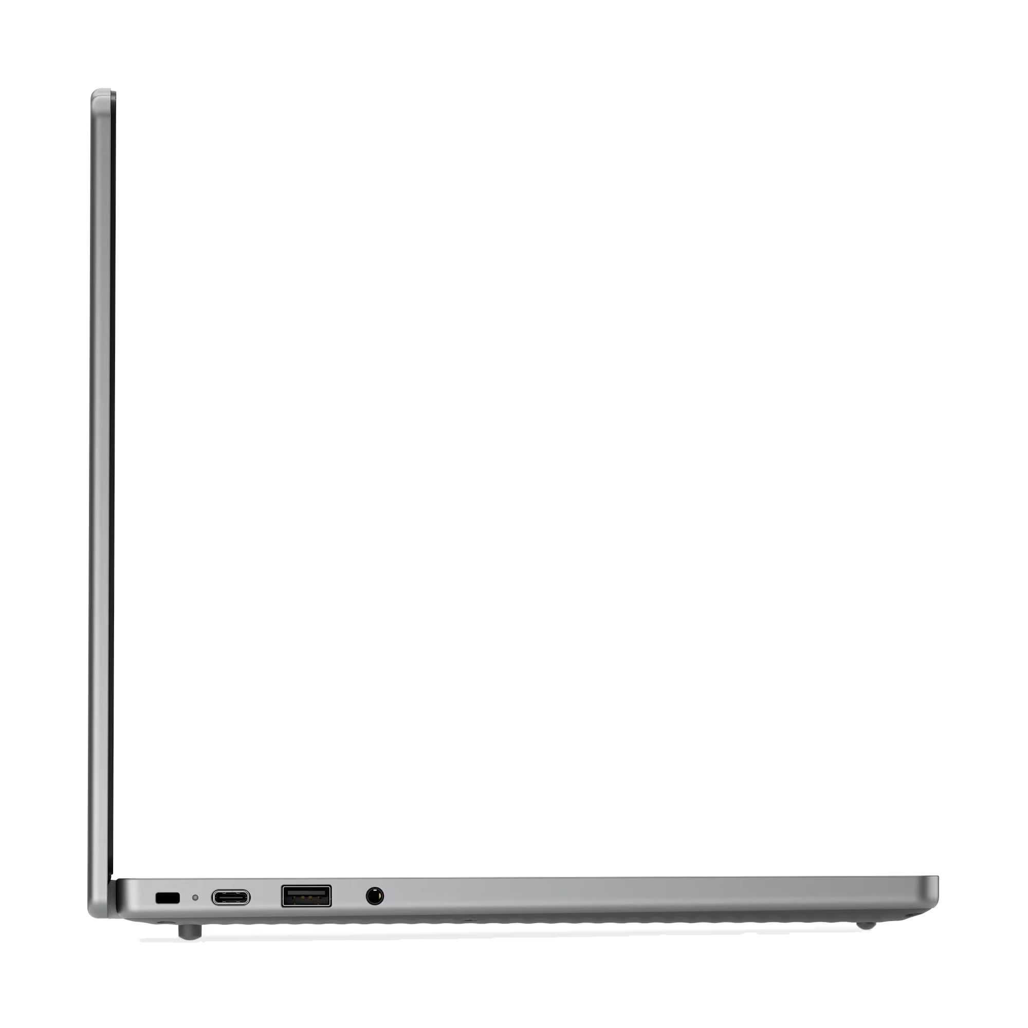 Vista lateral de una laptop gris delgada con puertos USB, conector de audio y rejillas de ventilación sobre fondo negro.