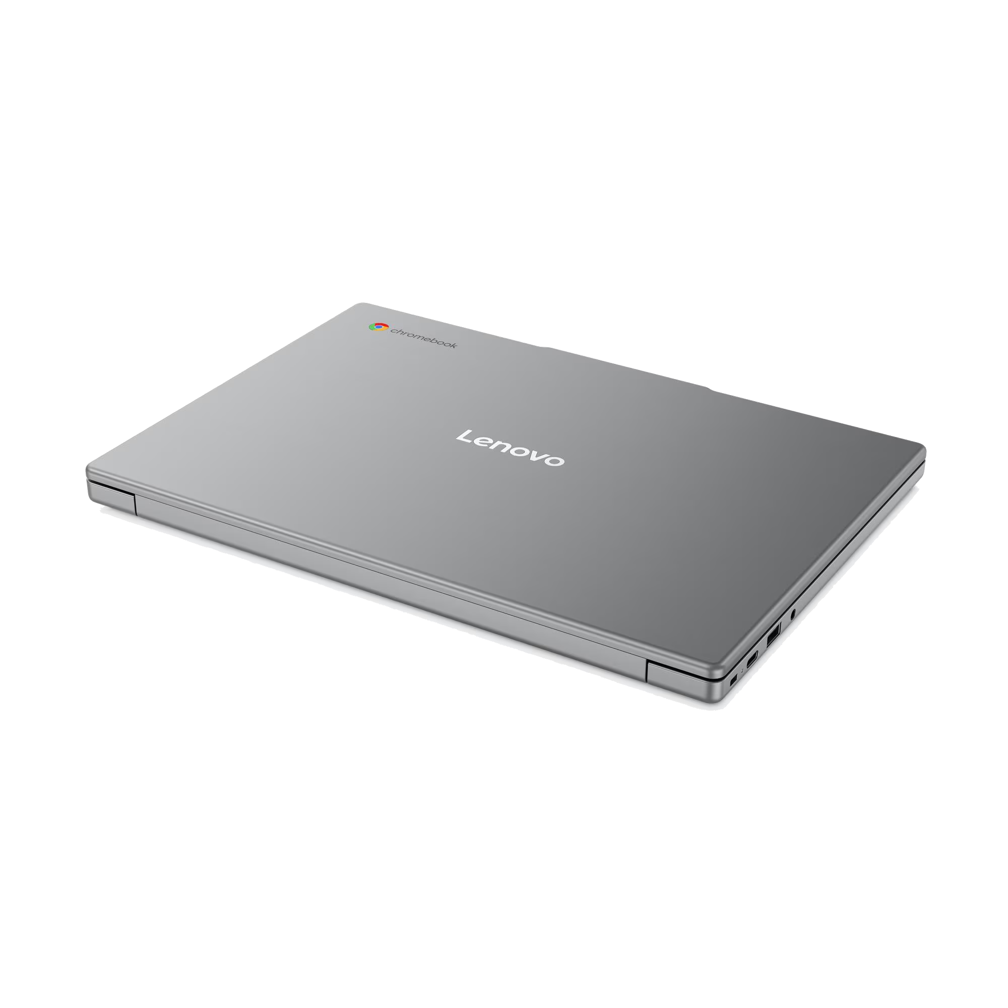Un portátil Lenovo Chromebook gris cerrado sobre fondo negro, visto desde un ángulo elevado.