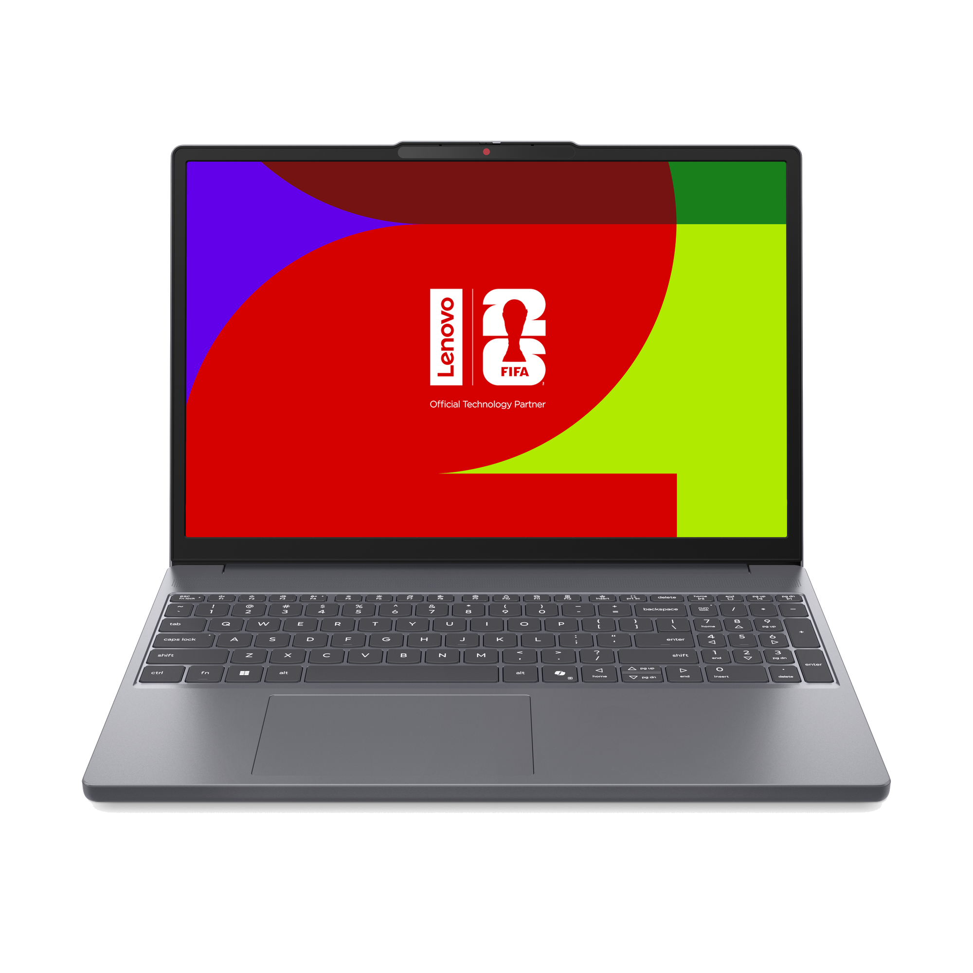 Un portátil gris abierto muestra una pantalla colorida con los logos de Lenovo y FIFA 25 sobre fondo negro.
