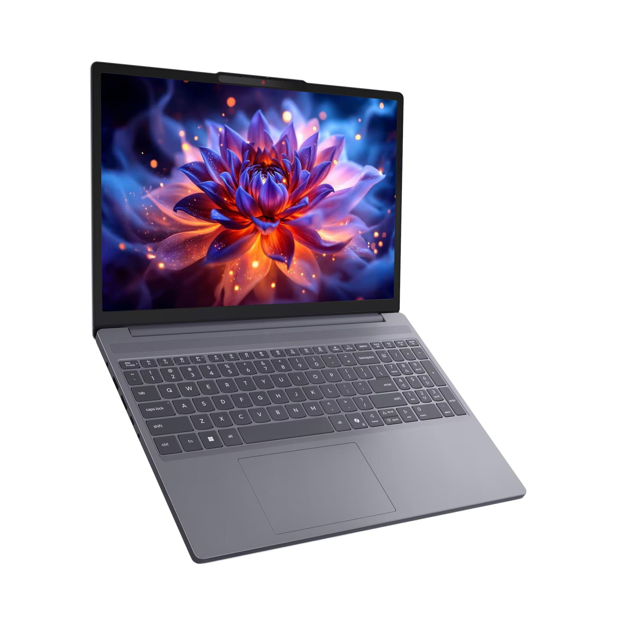 Un ordenador portátil gris muestra un patrón floral vibrante y brillante en su pantalla con fondo negro.