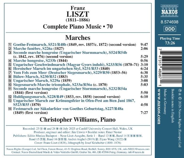 Rückseite des CD-Covers mit Franz Liszts Klavier-Märschen, gespielt von Christopher Williams.