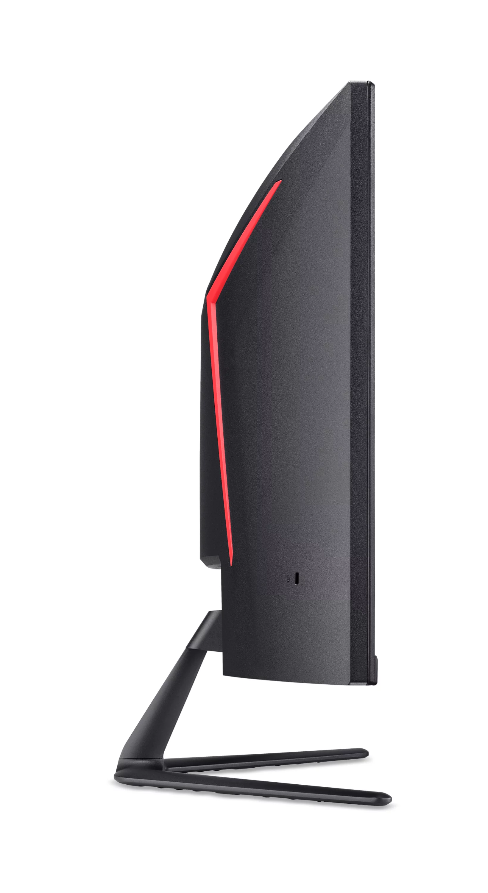 Seitenansicht eines schwarzen gebogenen Monitors mit roter LED-Beleuchtung auf einem Standfuß.