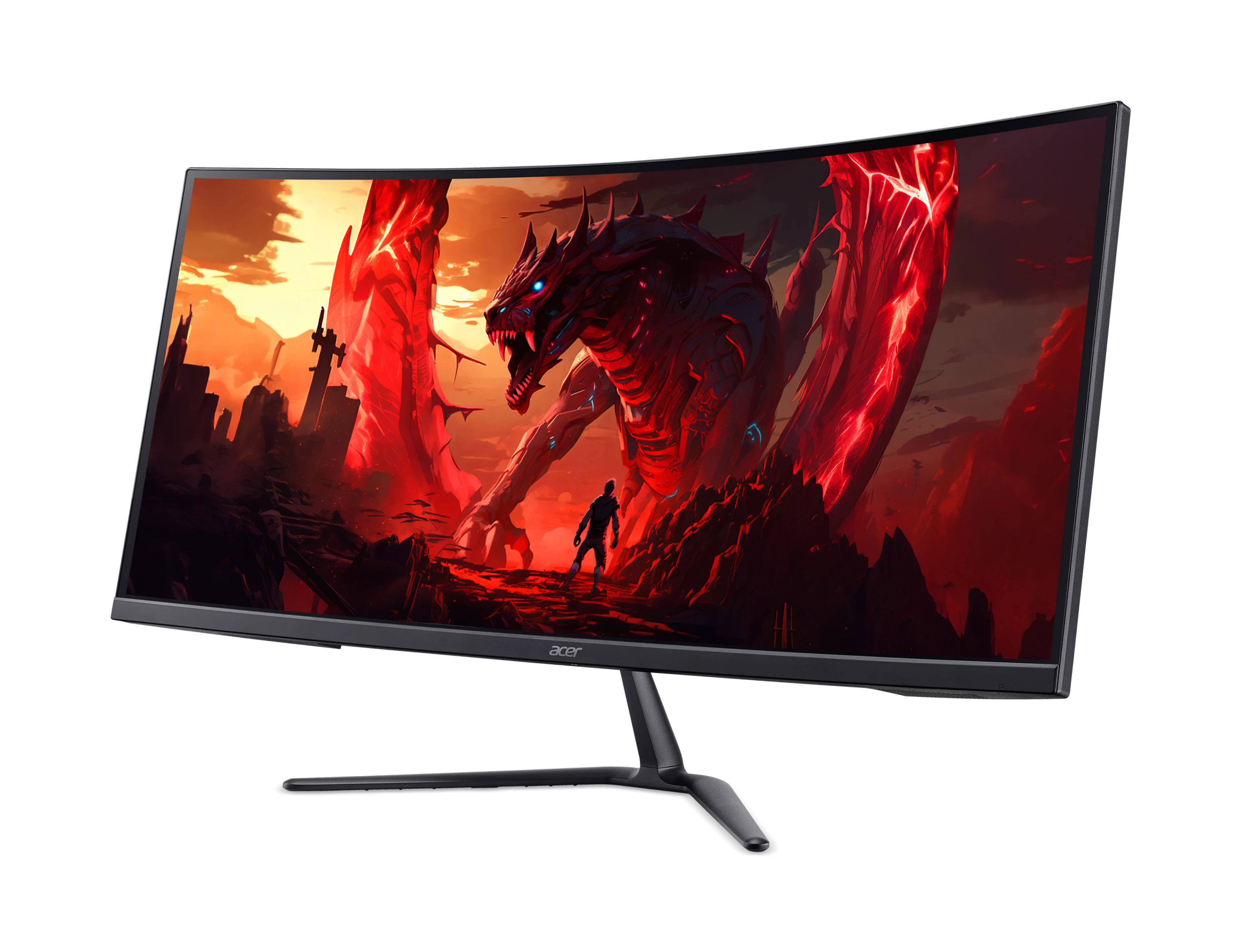 Ein gebogener Acer-Gaming-Monitor zeigt einen roten Drachen und eine Gestalt in einer feurigen Landschaft.