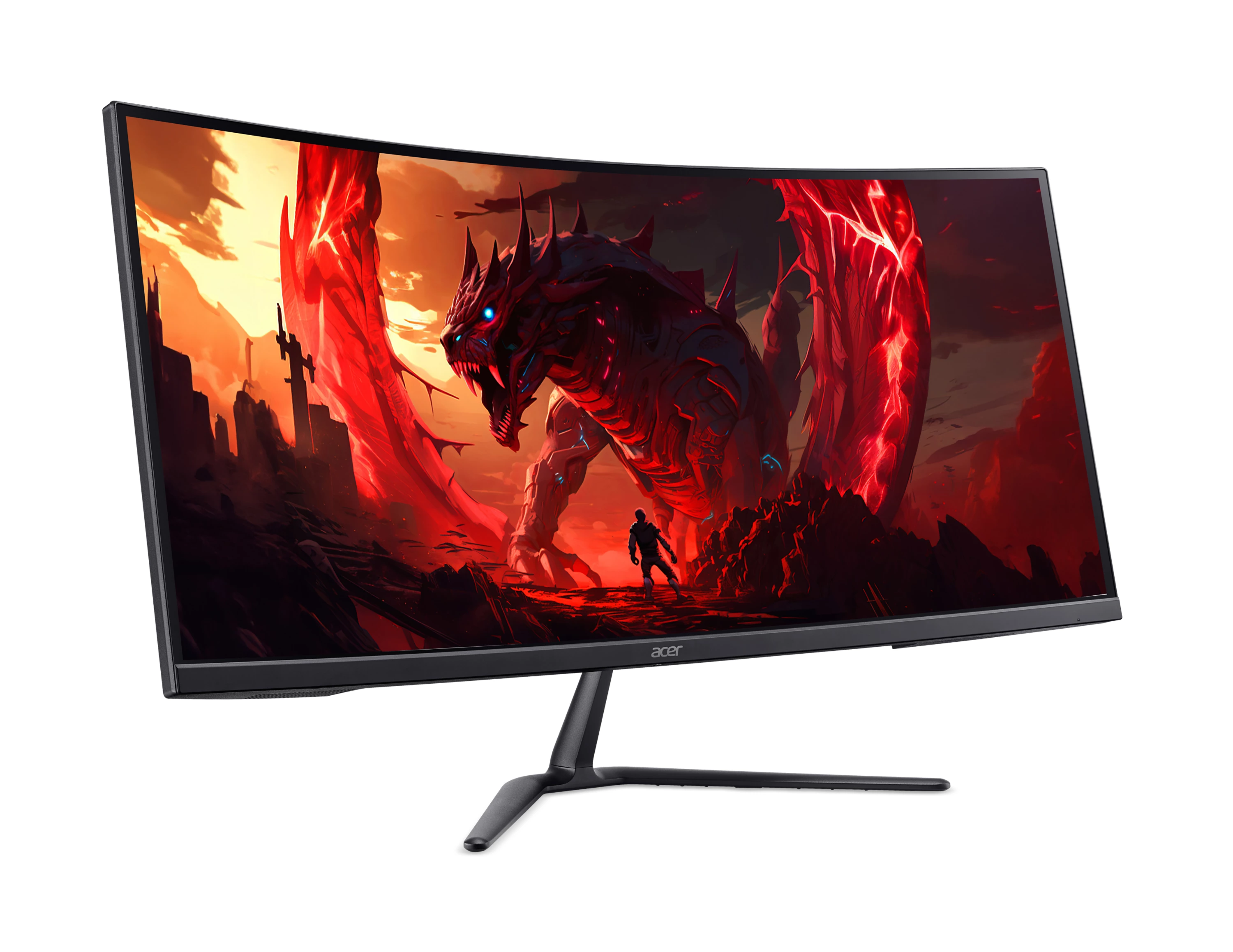 Ein Acer Curved-Monitor zeigt ein Fantasy-Hintergrundbild mit einem roten Drachen und einer winzigen menschlichen Figur.