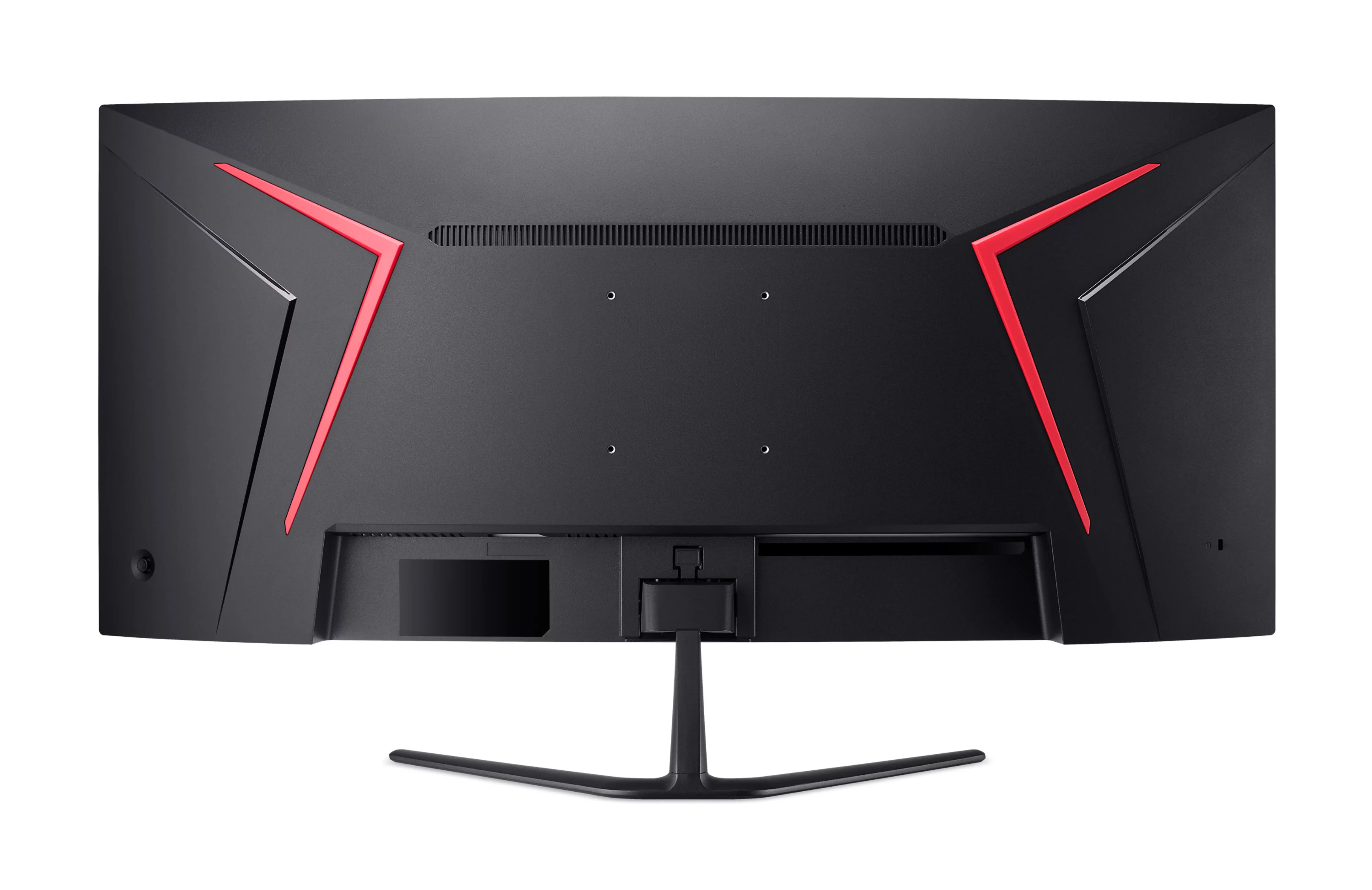 Rückseite eines schwarzen gebogenen Monitors mit roten V-förmigen Akzenten auf einem Standfuß.