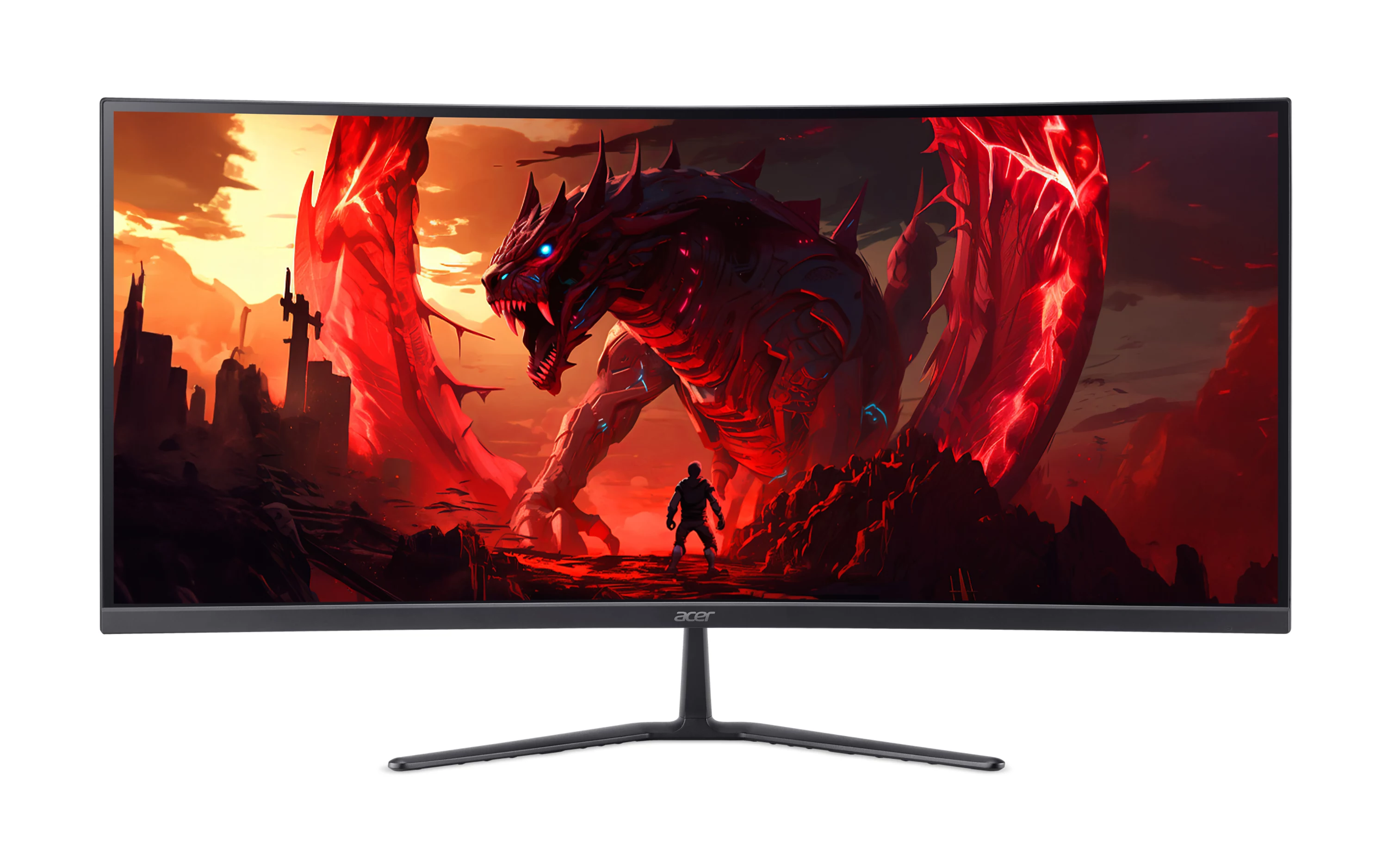 Ein gebogener Acer-Monitor zeigt eine fantasyhafte rote Drachenszene mit einer kleinen menschlichen Figur.