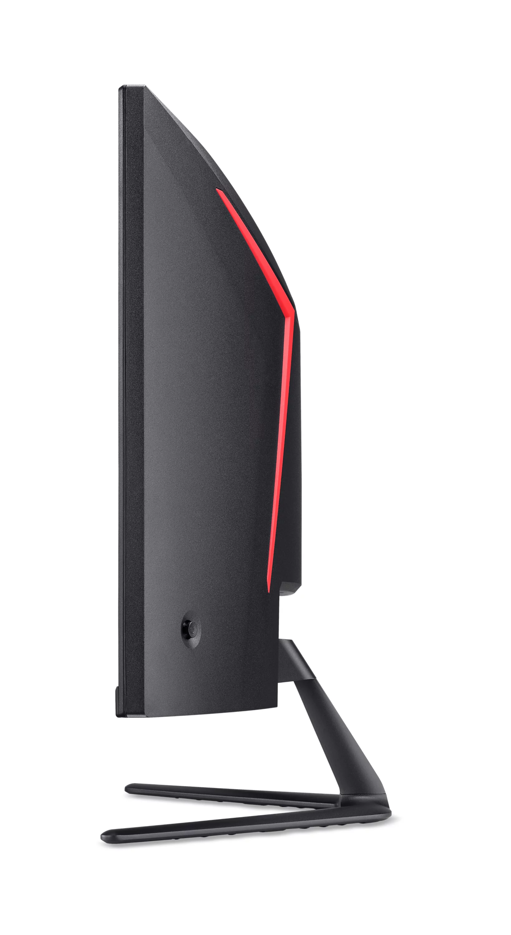 Seitenansicht eines schwarzen Monitors mit rotem Akzentstreifen und V-förmigem Standfuß auf weißem Hintergrund.
