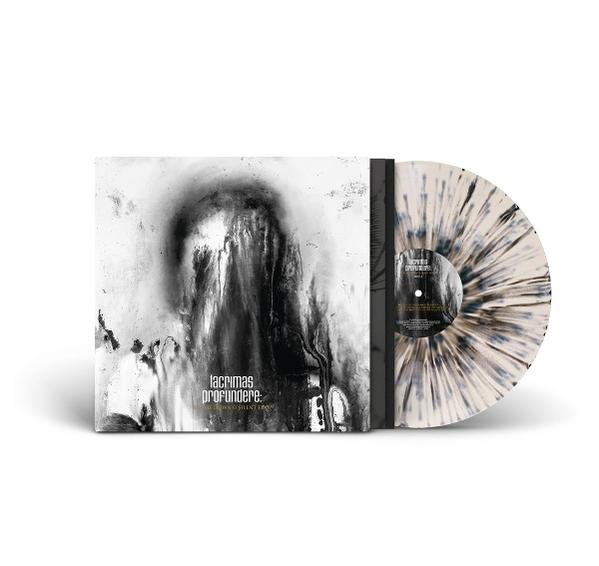Schallplattenhülle mit abstrakter schwarz-weißer Kunst und passende gesprenkelte Vinylplatte.