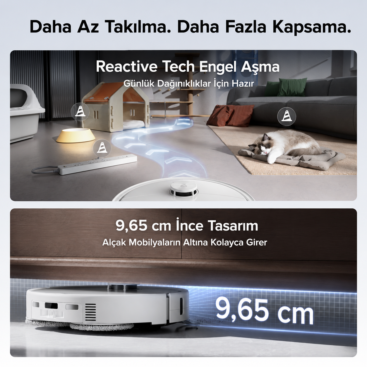 Bir robot süpürge oturma odasındaki engellerden kaçınır ve alçak mobilyaların altına girer.