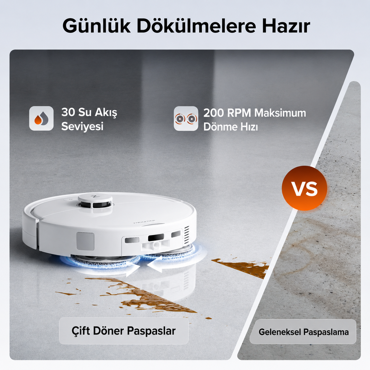 Beyaz bir robot süpürge, çift döner paspasla zemindeki sıvı lekelerini temizliyor.