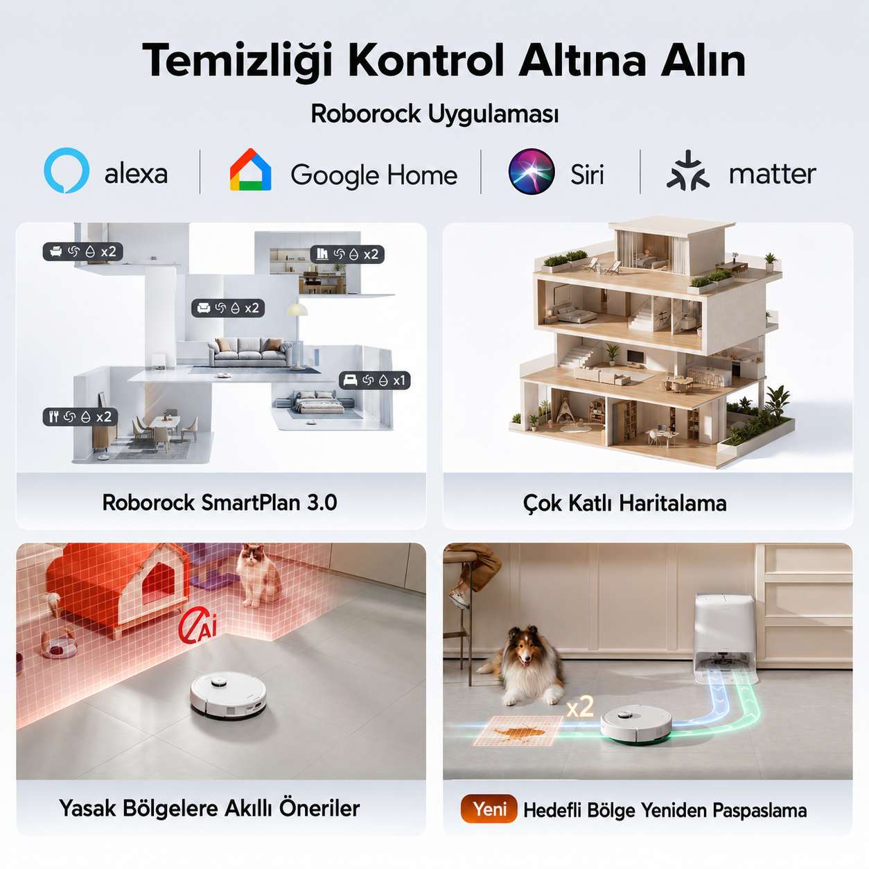 Roborock uygulama özelliklerini, akıllı ev entegrasyonunu, 3D haritalamayı, yapay zeka engelden kaçınmayı gösteren reklam.