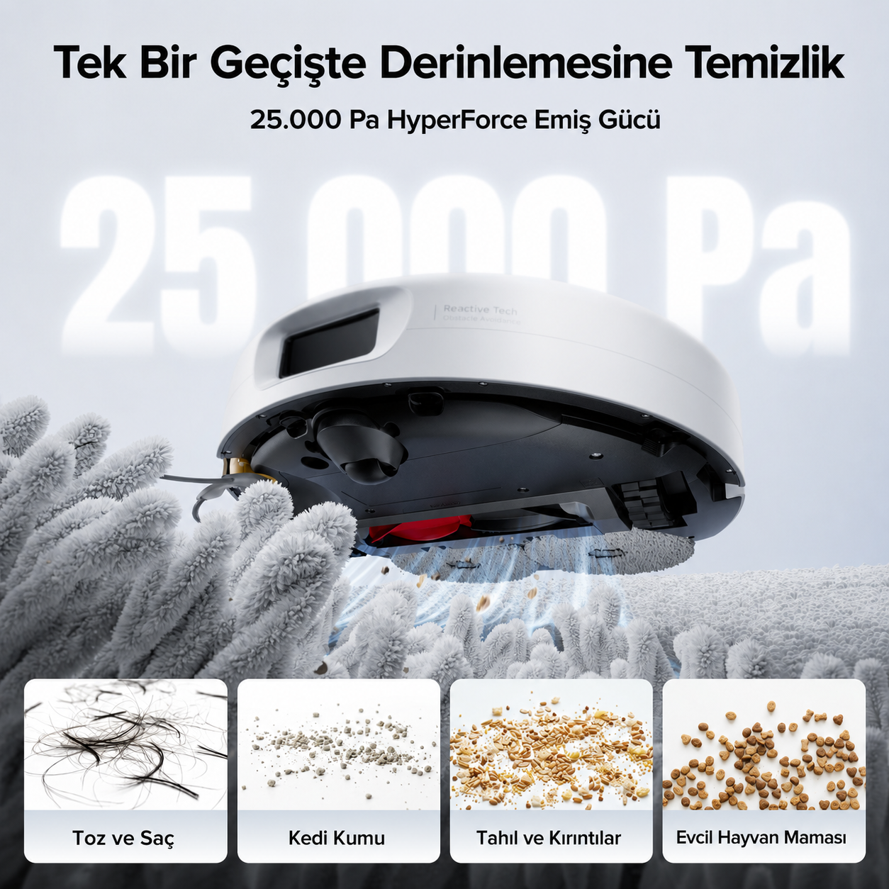 Beyaz robot süpürge gri halıyı temizliyor. Alttaki dört kutuda saç, kumlama, tahıl ve evcil hayvan maması var.