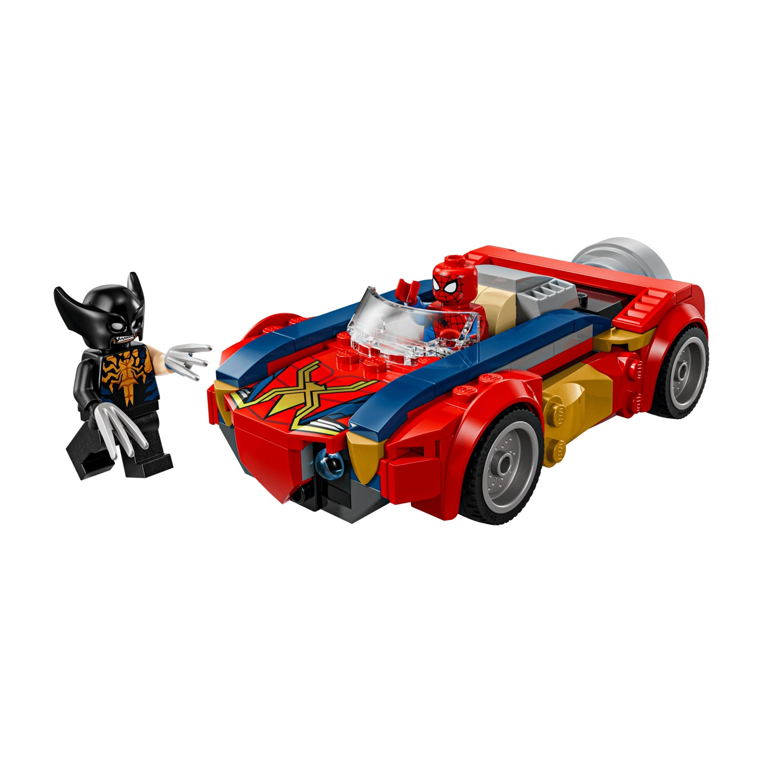 Lego Spiderman siede nella sua auto rossa e blu mentre una minifigura di Wolverine con gli artigli si trova accanto.