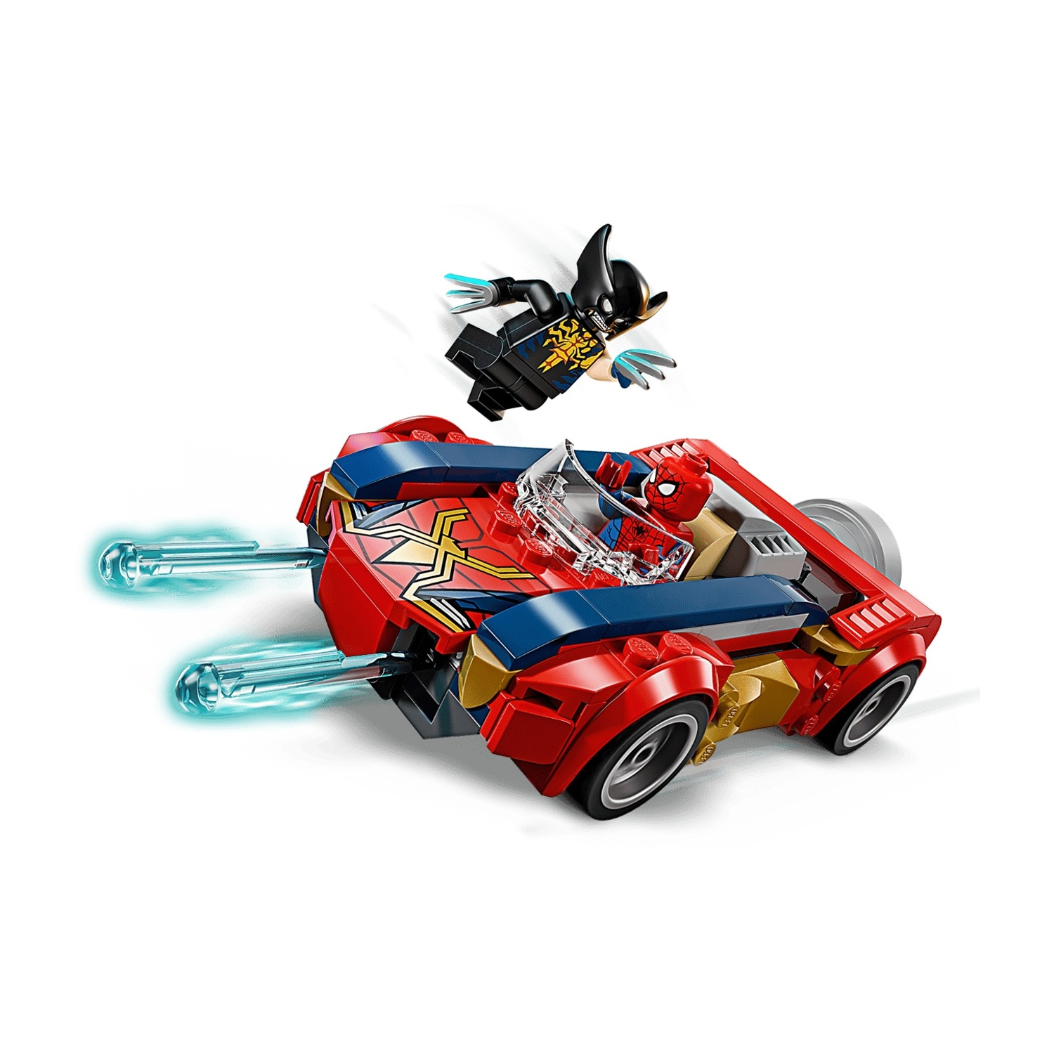 Lego Spider-Man guida un'auto rossa e attacca un cattivo con gli artigli.