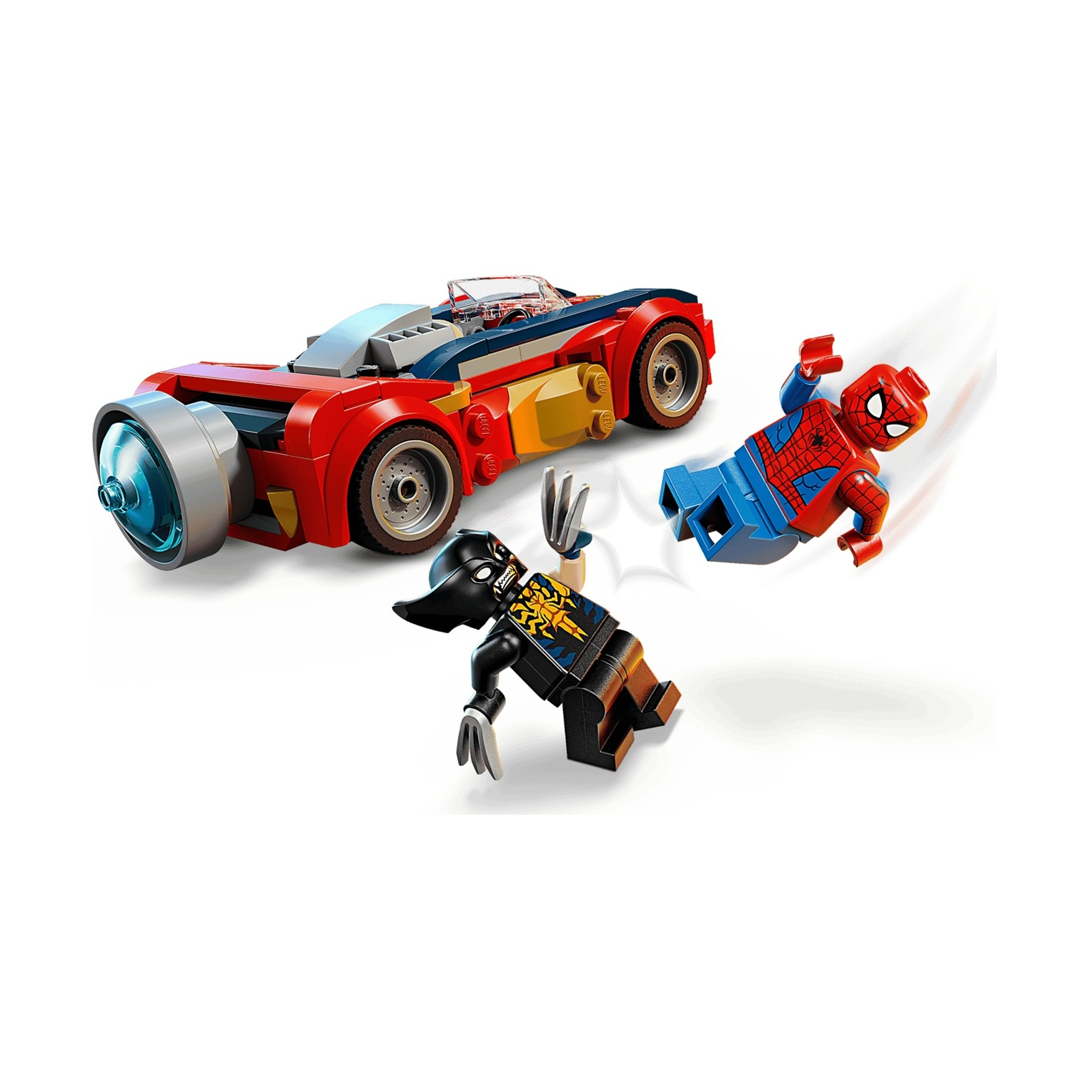 Auto Lego Spider-Man che si scontra con le minifigure di Spider-Man e Black Panther su sfondo bianco.