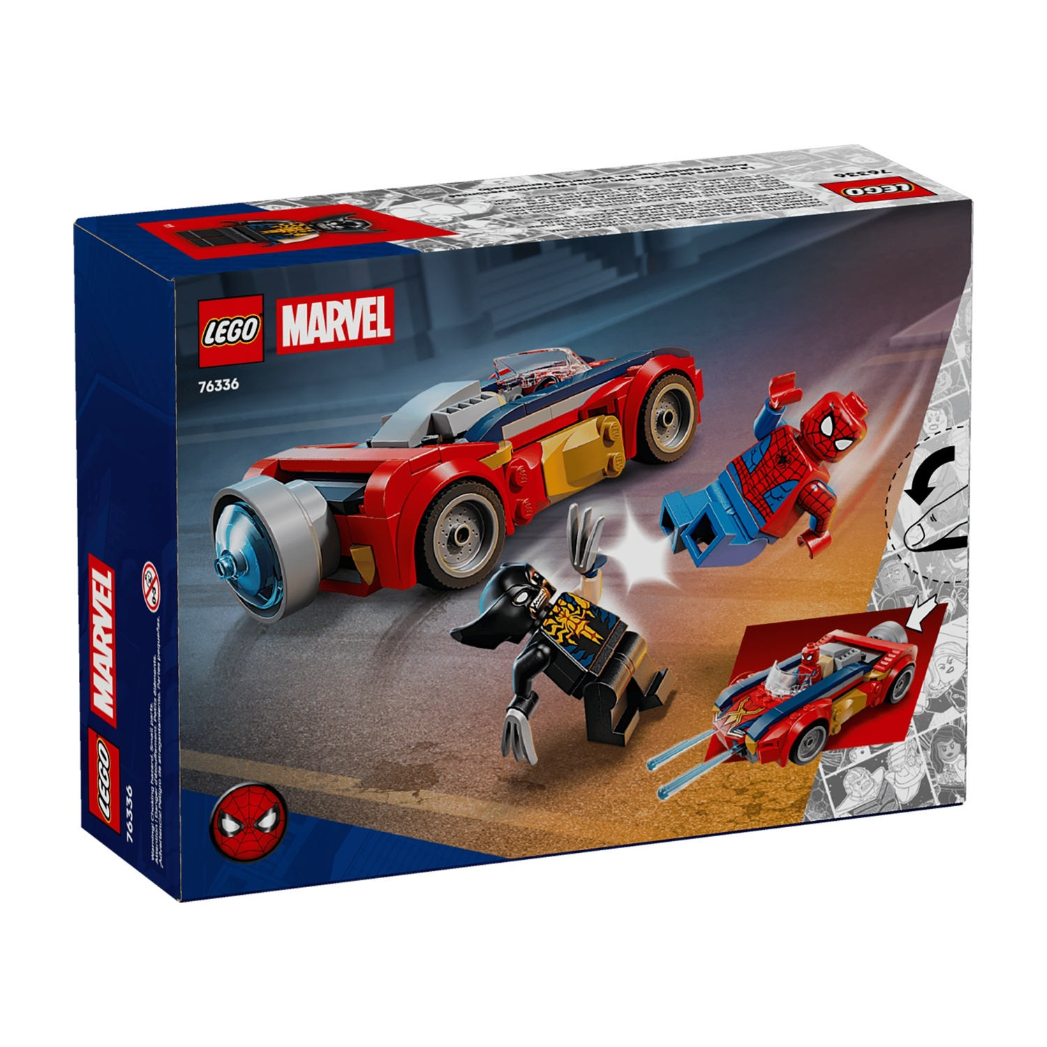 Scatola Lego Marvel Spider-Man con auto rossa, Spider-Man e un cattivo.