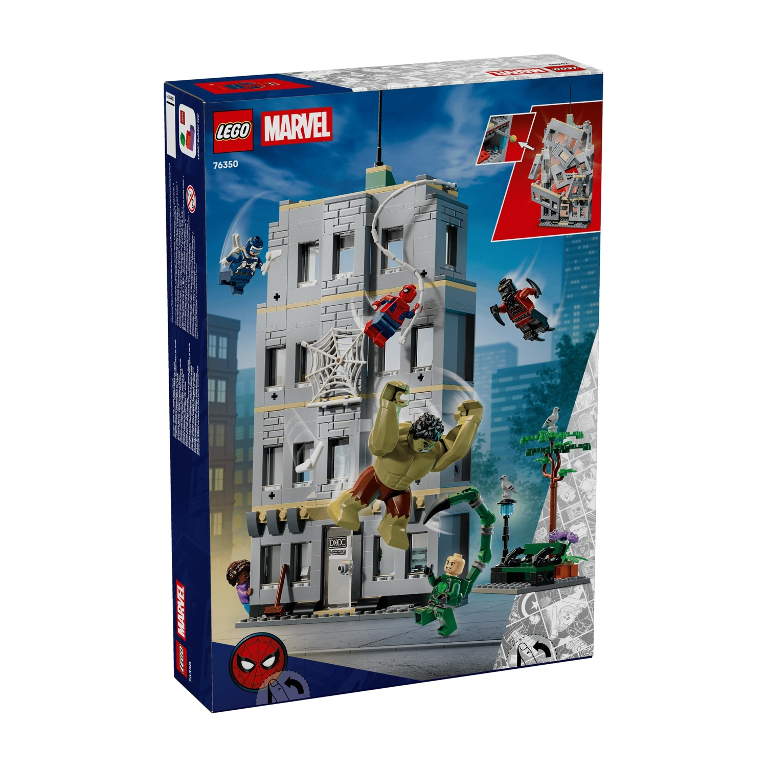 La scatola Lego Marvel mostra un edificio grigio, Hulk, Spider-Man e altri personaggi in una battaglia.