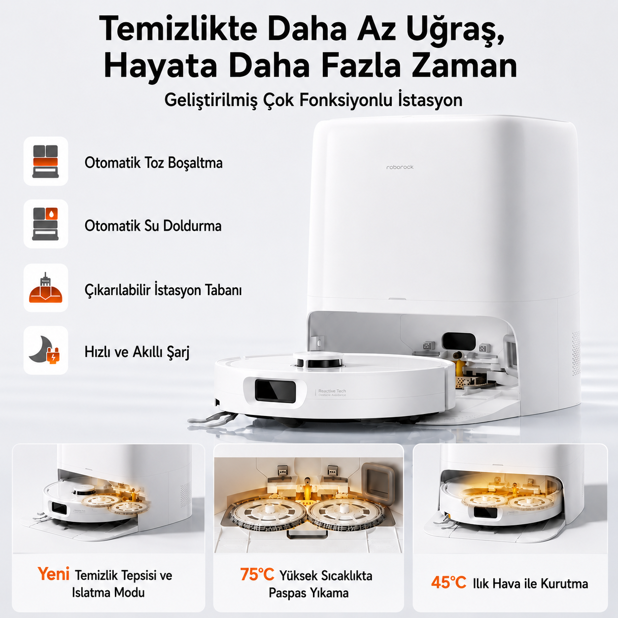 Beyaz istasyonlu robot süpürge ve Türkçe açıklamalar.