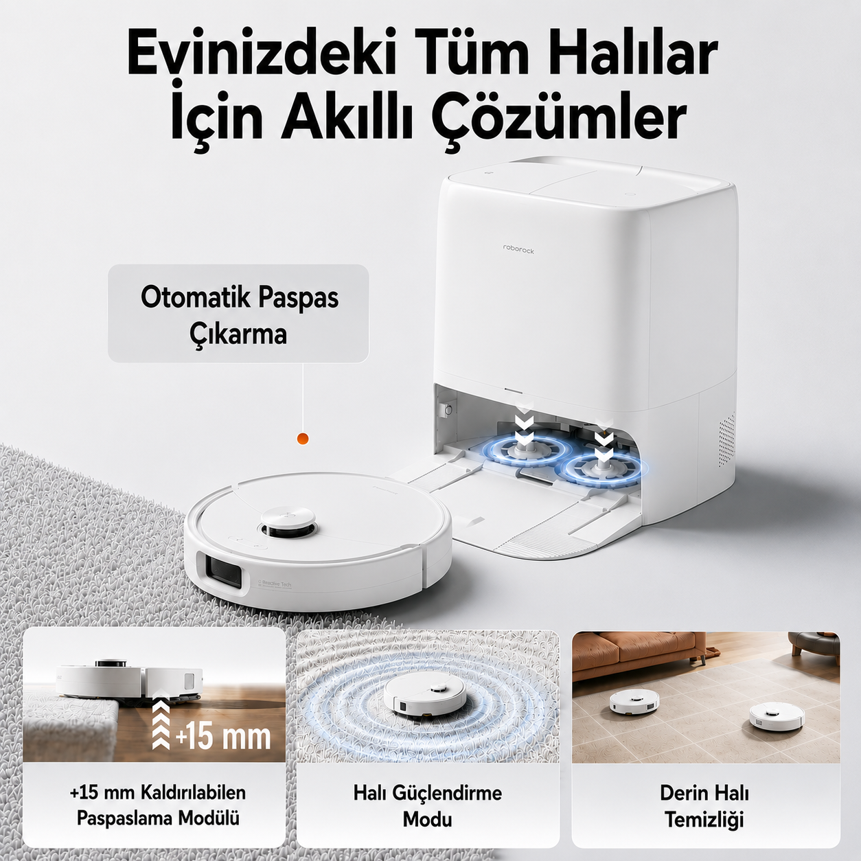 Hal üzerinde beyaz bir robot süpürge ve istasyonu, altta üç özellik görseli ile.