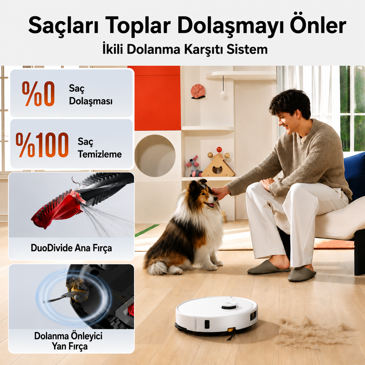 Ahşap zeminde tüyleri temizleyen beyaz robot süpürge varken bir adam köpeğini seviyor.