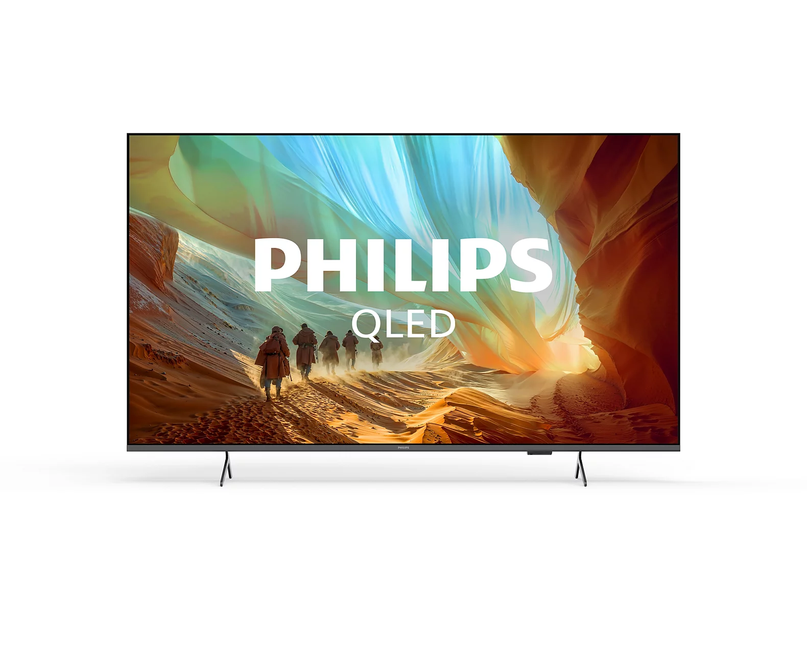 Ein Philips QLED-Fernseher auf einem weißen Hintergrund zeigt eine Landschaft mit Figuren und bunten Himmel.