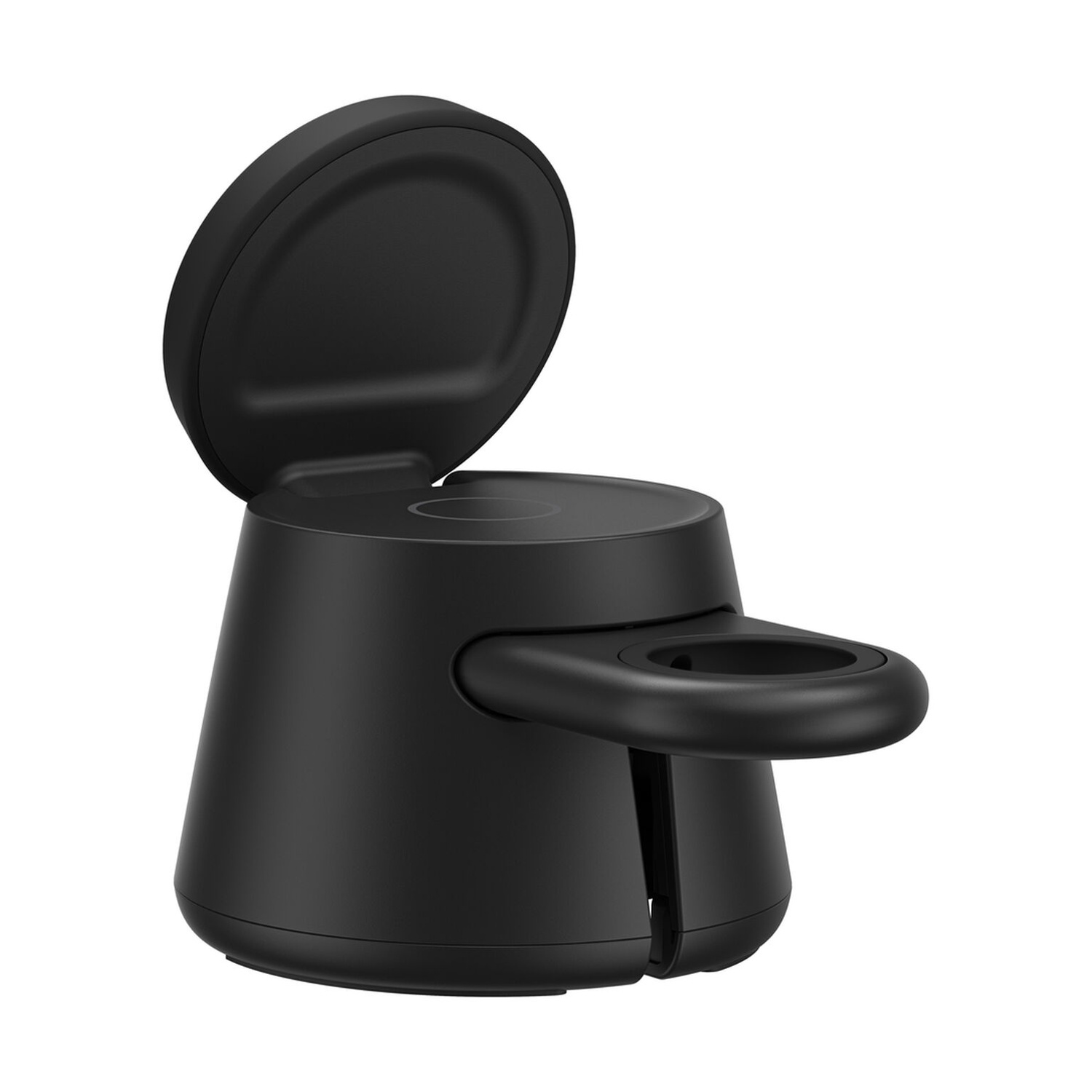 Un supporto di ricarica in plastica nera per smartwatch con coperchio aperto e supporto laterale su sfondo bianco.
