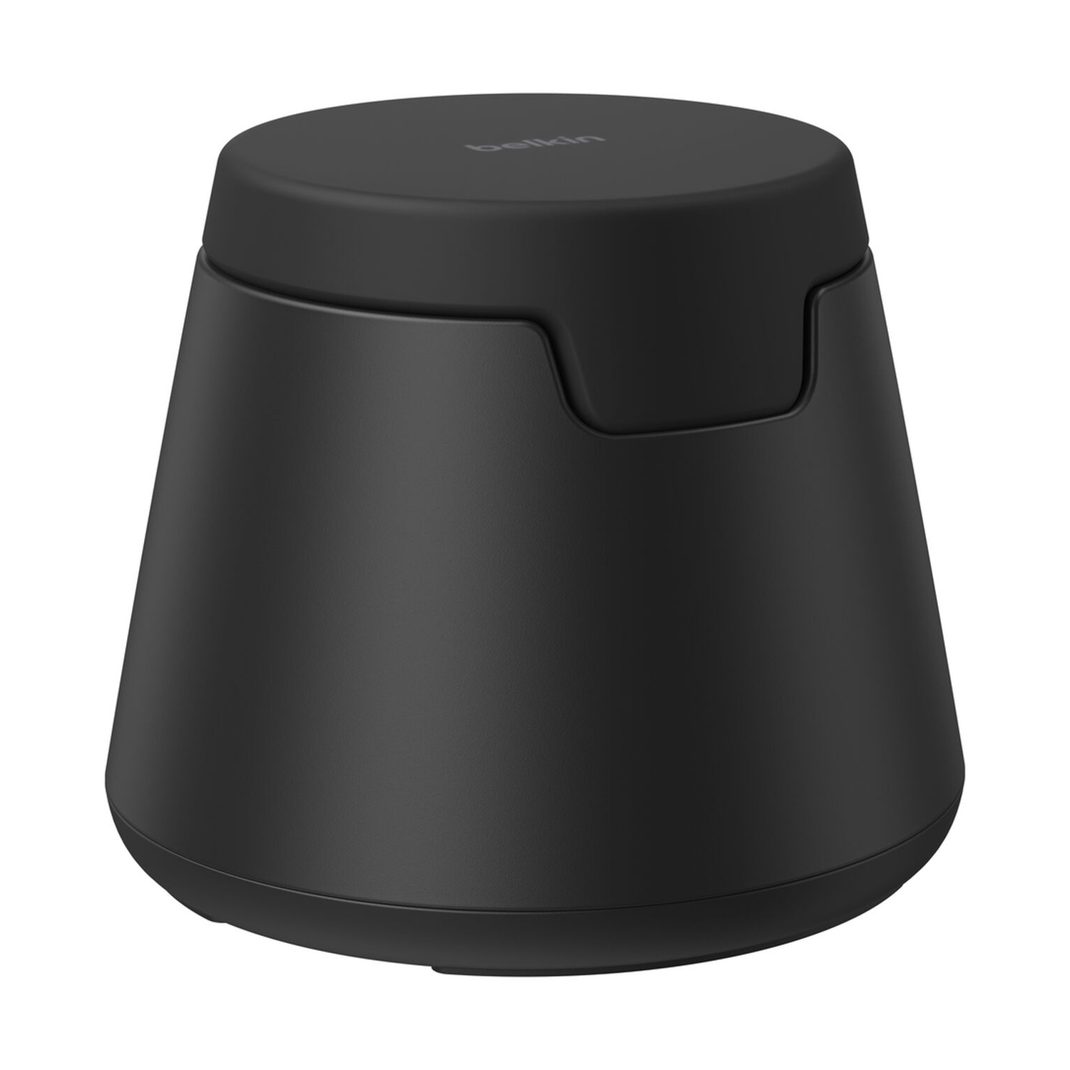 Un supporto per dispositivi Belkin nero opaco a forma di cono su sfondo bianco.