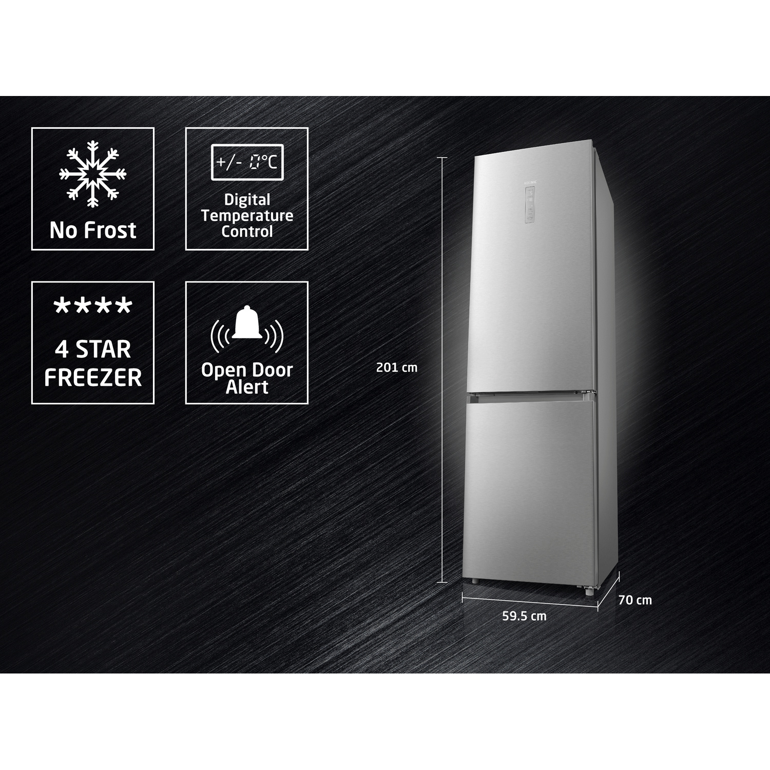 FRIGORIFERO COMBINATO KOENIC KFK 611 B NF IN, inox, dimensioni: L 59.5 cm x H 201 cm x P 70 cm,  capacità netta totale 378 litri, rumorosità 35 dB (A), Classe B