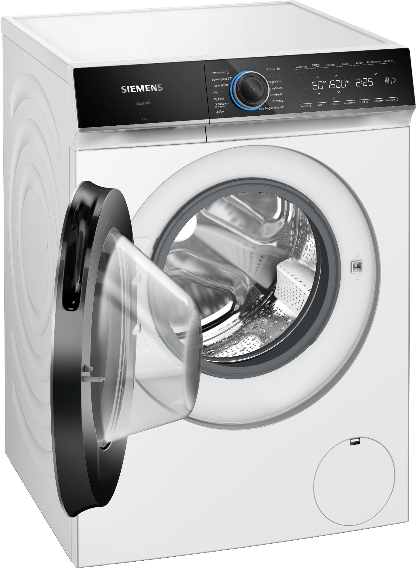 Eine weiße Siemens-Waschmaschine mit schwarzem Bedienfeld und geöffneter Glastür.